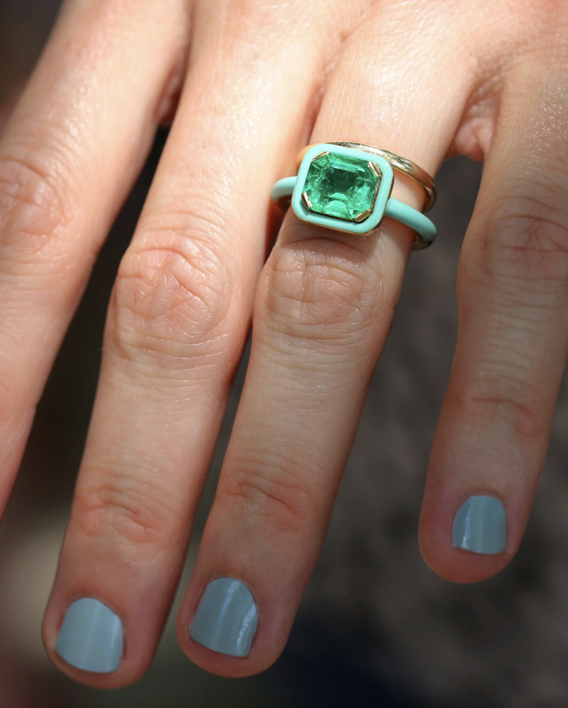 From our archive: Handmade Bell & Bird Colombian emerald ring. Sold