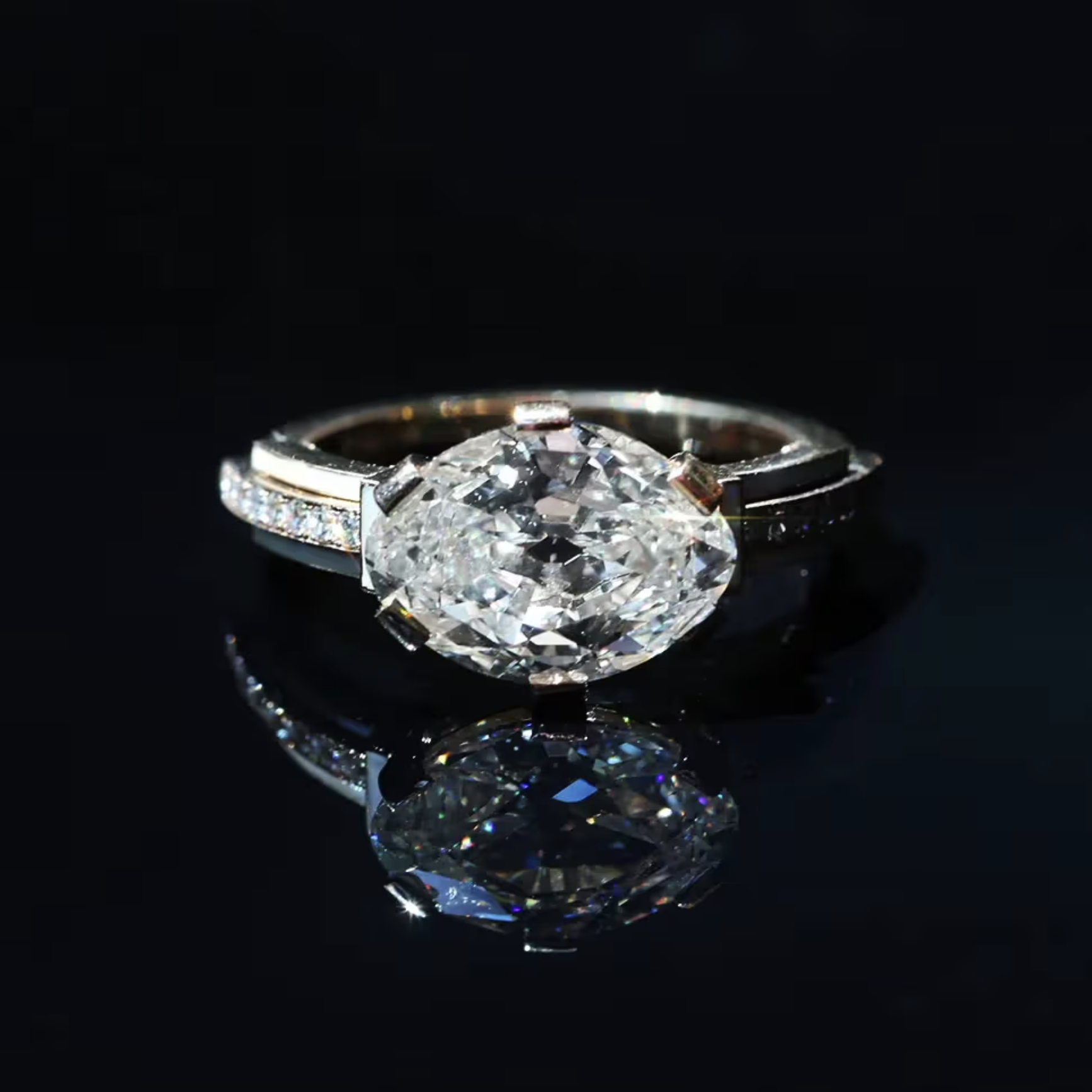 Bell and Bird Moval Diamond Ring with Enamel Details