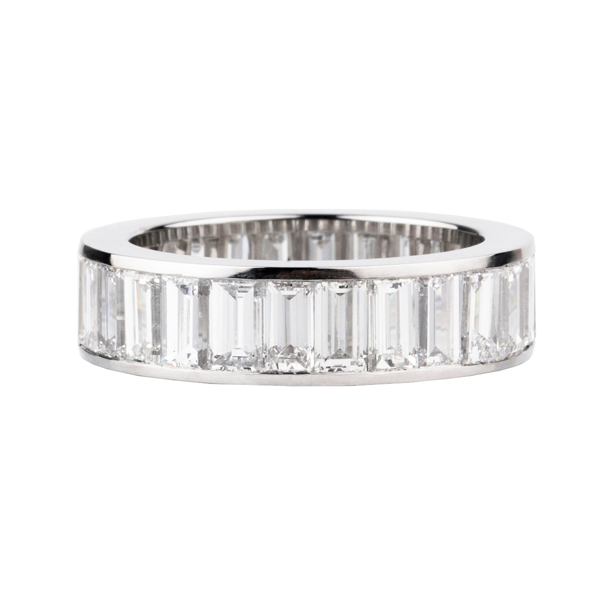Bell & Bird Channel Set Baguette Diamond Eternity Band in platinum, made to order.