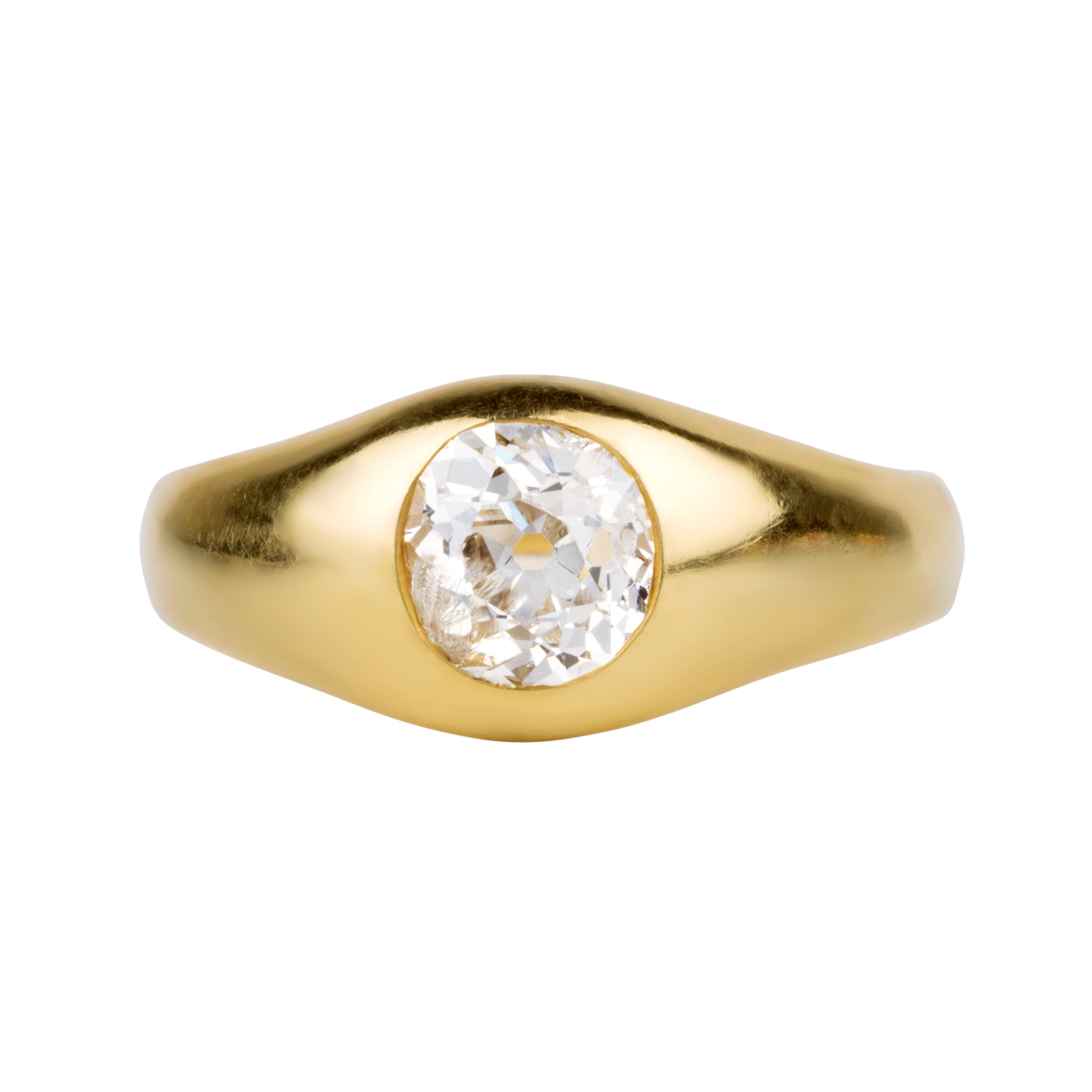 Victorian era flush set diamond solitaire ring. A lovely heavy 18k yellow gold with a single old mine cut diamond approx 1.25 cts, H color. American in origin. Circa 1890. Front view.