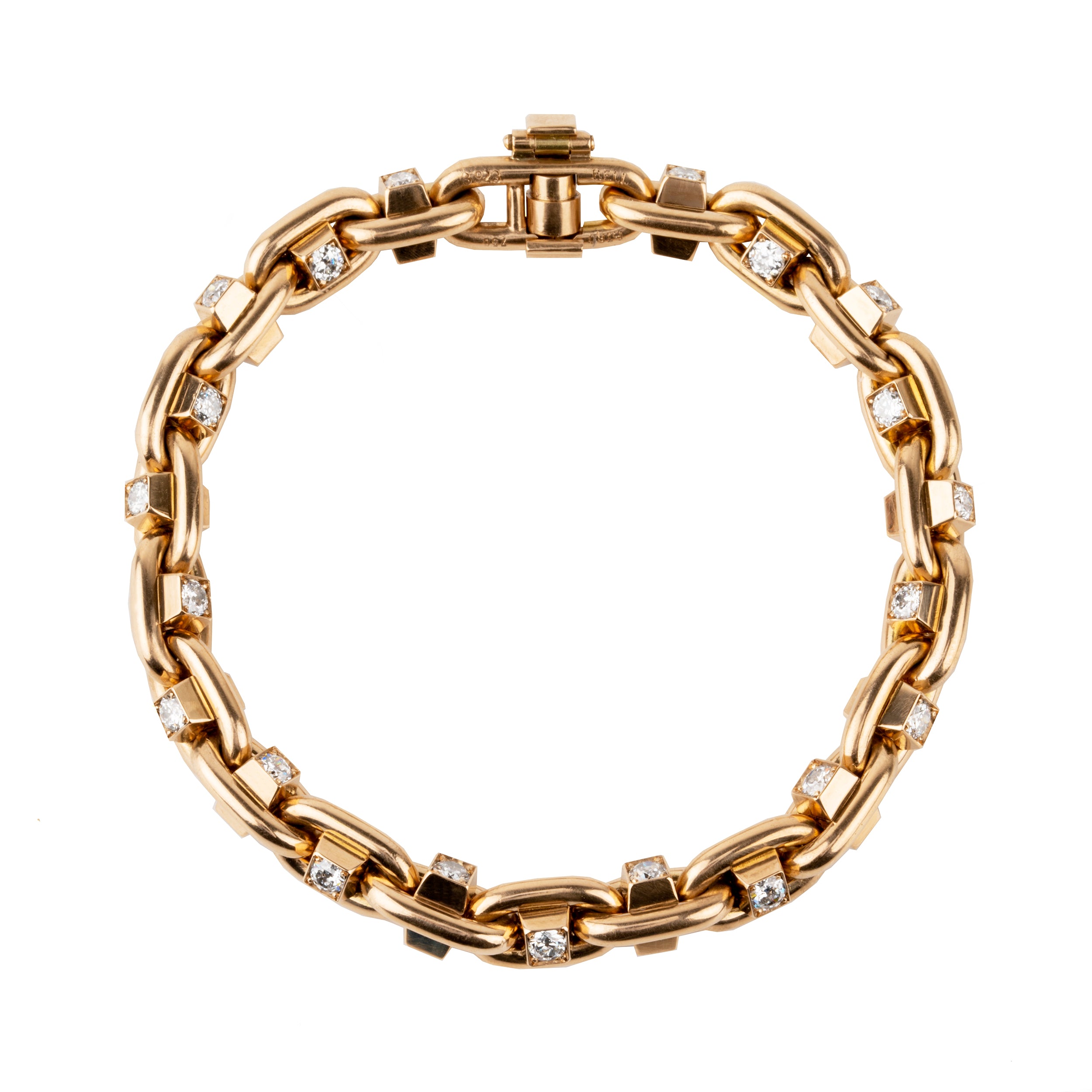 Bell and Bird diamond hobnail bracelet. Over 3 carats of old European cut diamonds are set in the links of the bracelet. The integrated clasp is entirely engineered and manufactured in our workshop. The natural diamonds are estimated to be G-H in color and VS clarity. This version is in our 18k old gold and measures 7.5 inches. The length can be adjusted.