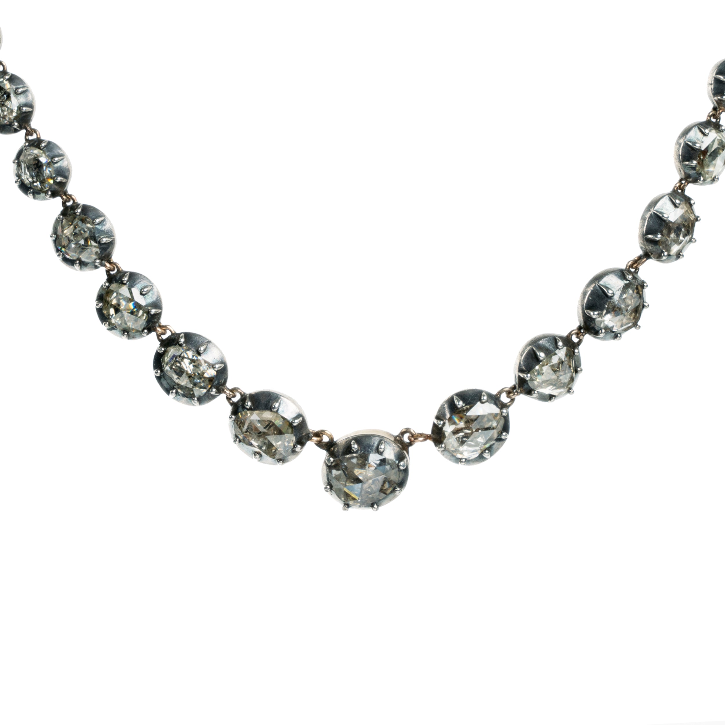 Georgian Era Rose Cut Diamond Rivière Necklace. A close up view of the center front diamonds.