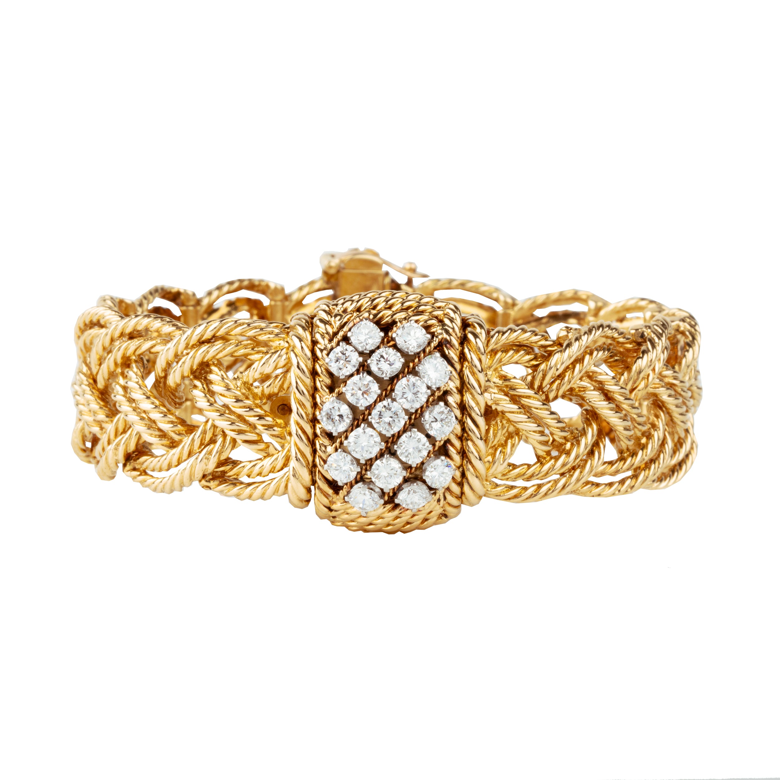 A braided 18k gold bracelet with a diamond panel that opens to reveal a diminutive watch face. The bracelet has an estimated diamond weight of 1.7 carats. Signed Boucheron, Paris. France, circa 1950.