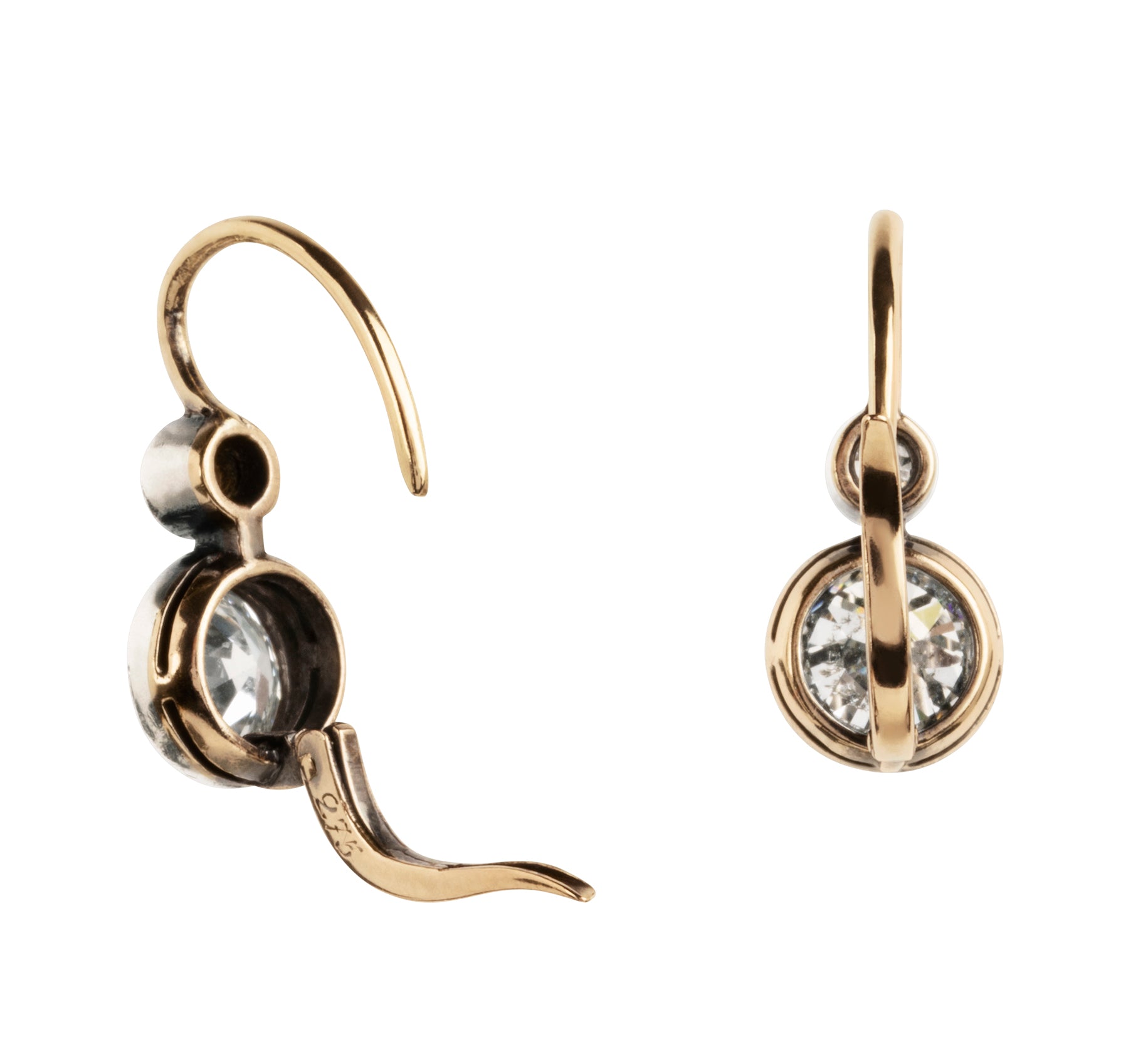 Antique old European cut diamond two-stone earrings. Set in bezel set Silver topped 14k gold. A hand engraved detail on each hook reads "2.75" which is the estimated total diamond weight.The stones are estimated to be J-L in color and I1 in clarity. Back view with the back hinges open to show how the hooks function.