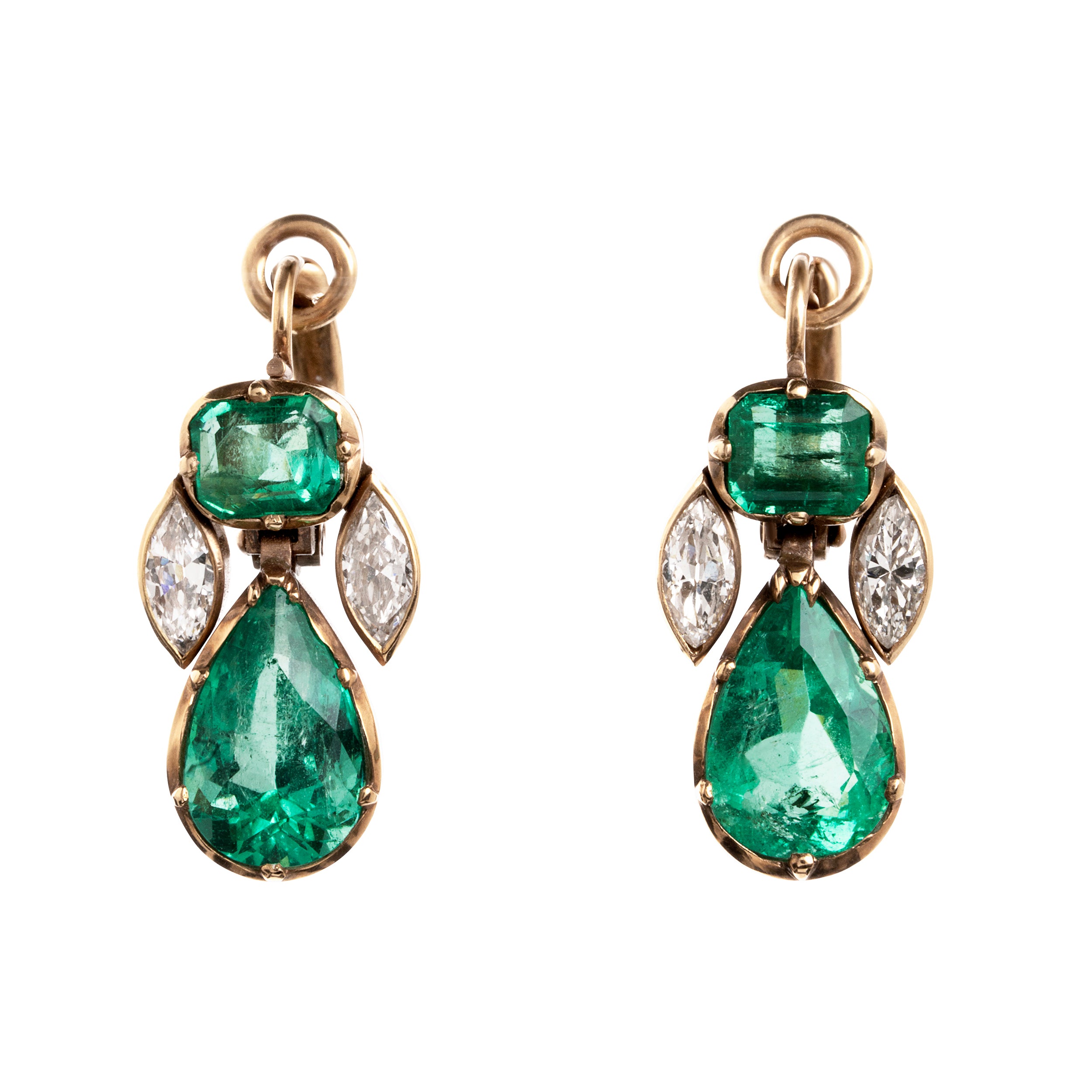Bell & Bird emerald and diamond earrings in 18k old gold. The earrings feature two GIA certified pear-shaped emeralds, 1.79 carats and 1.99 carats, of Colombian origin, untreated with heat. Paired with four marquise diamonds.
