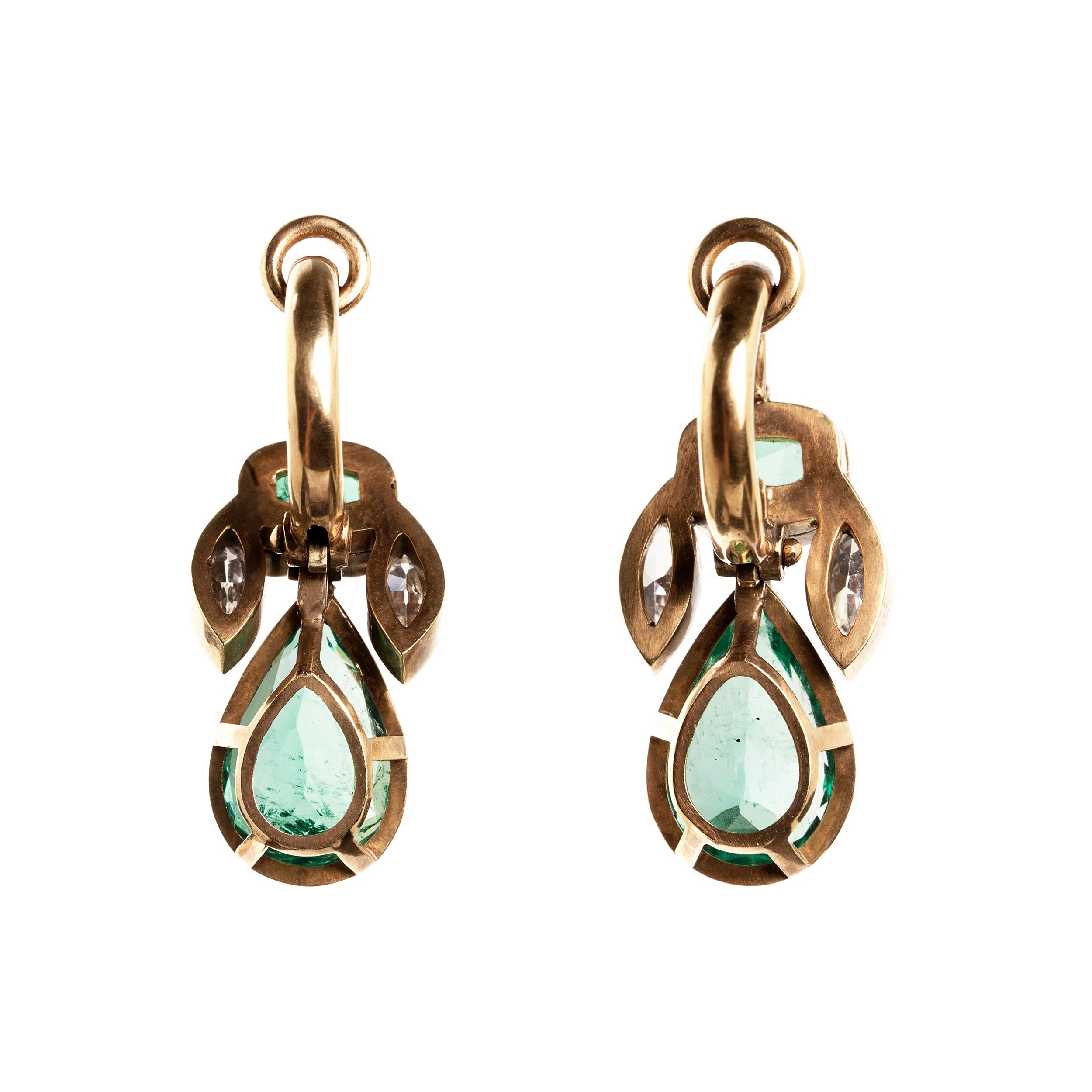 Bell & Bird emerald and diamond earrings in 18k old gold. The earrings feature two GIA certified pear-shaped emeralds, 1.79 carats and 1.99 carats, of Colombian origin, untreated with heat. Paired with four marquise diamonds.