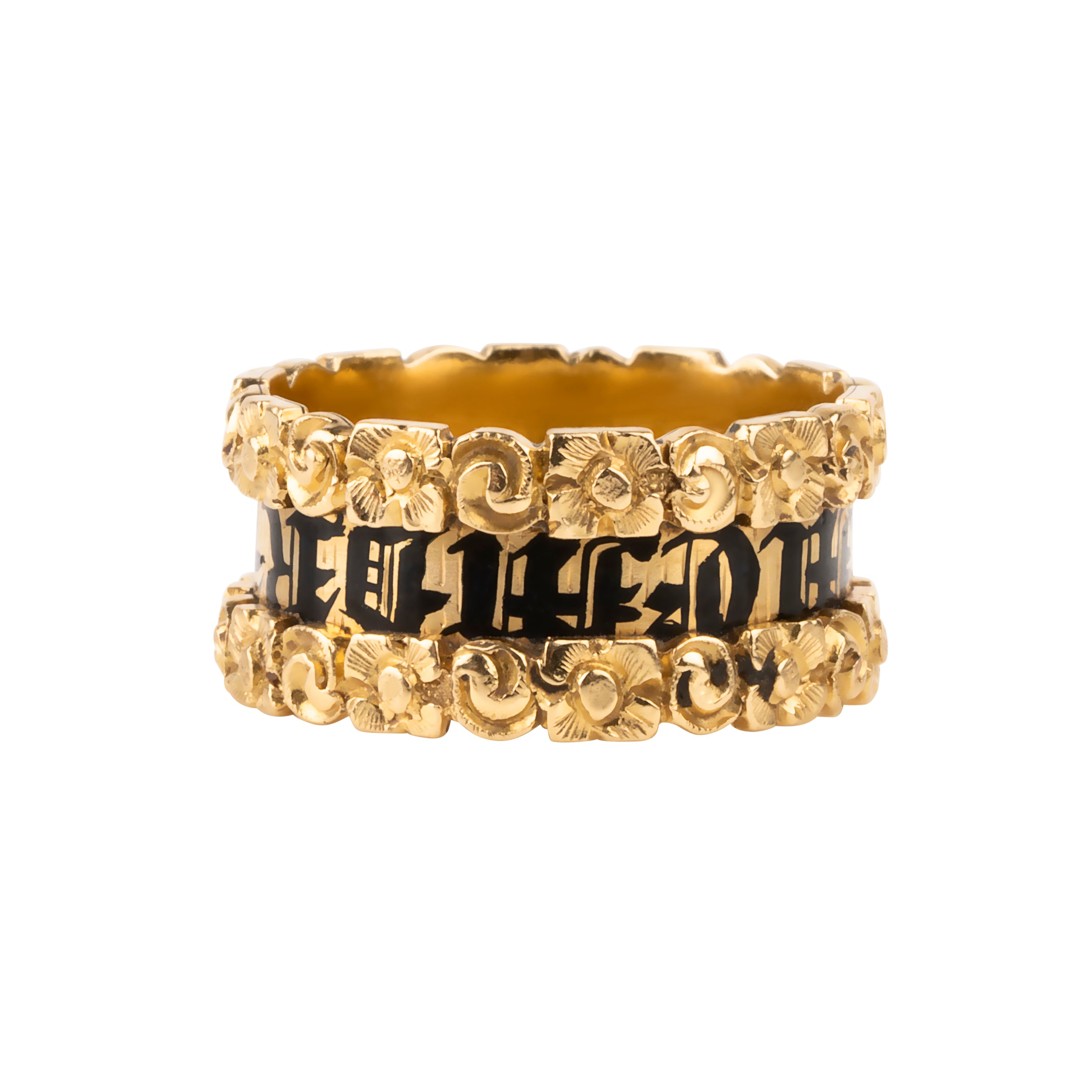 Early Victorian era wide mourning band, in 18k gold. Reads "In Memory Of" in black enamel with chased floral details. English in origin. London hallmarks. Circa 1814.