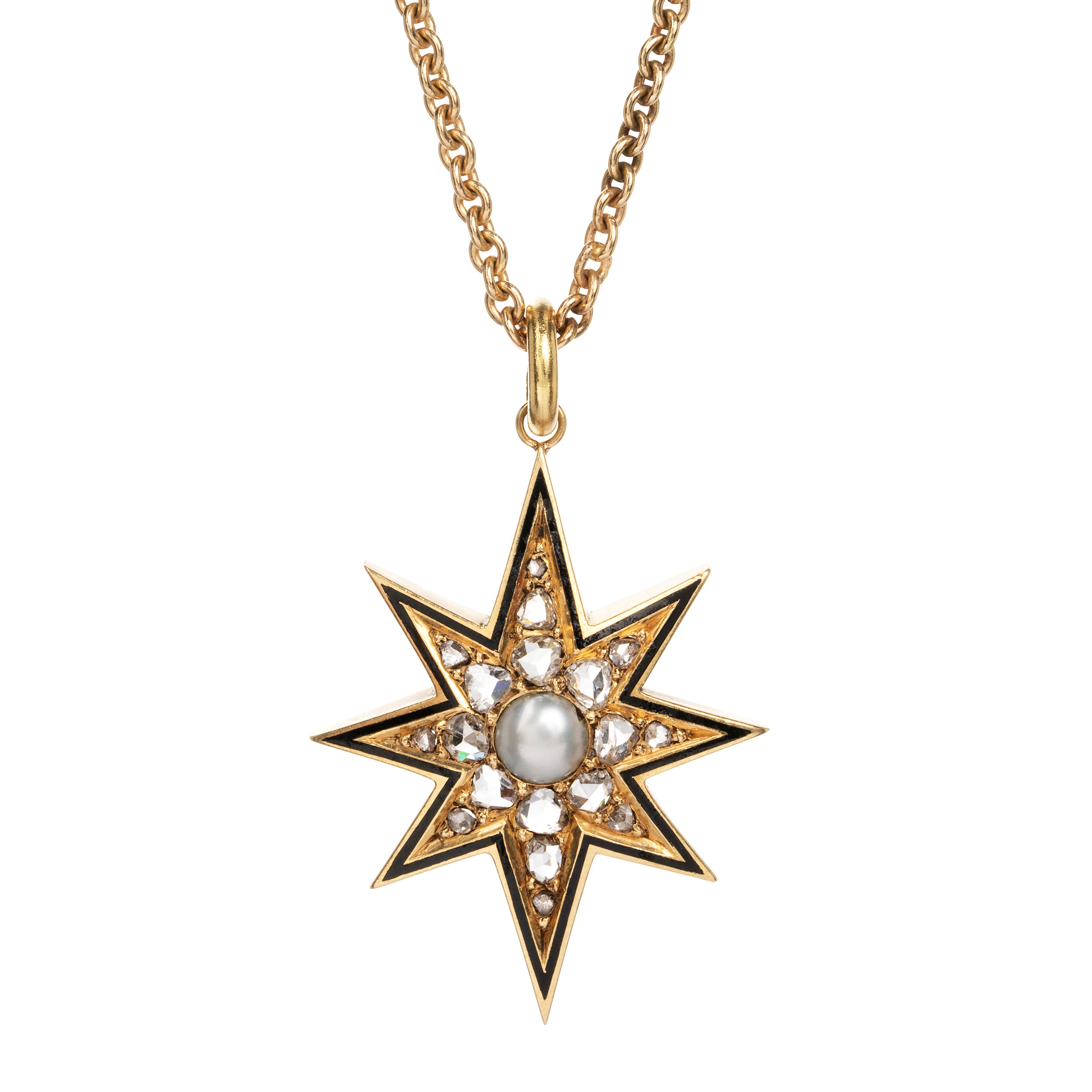 Late Victorian era diamond and pearl star pendant, in 15k gold. Black enamel details with rose cut diamonds and a half pearl. England. Circa 1890.