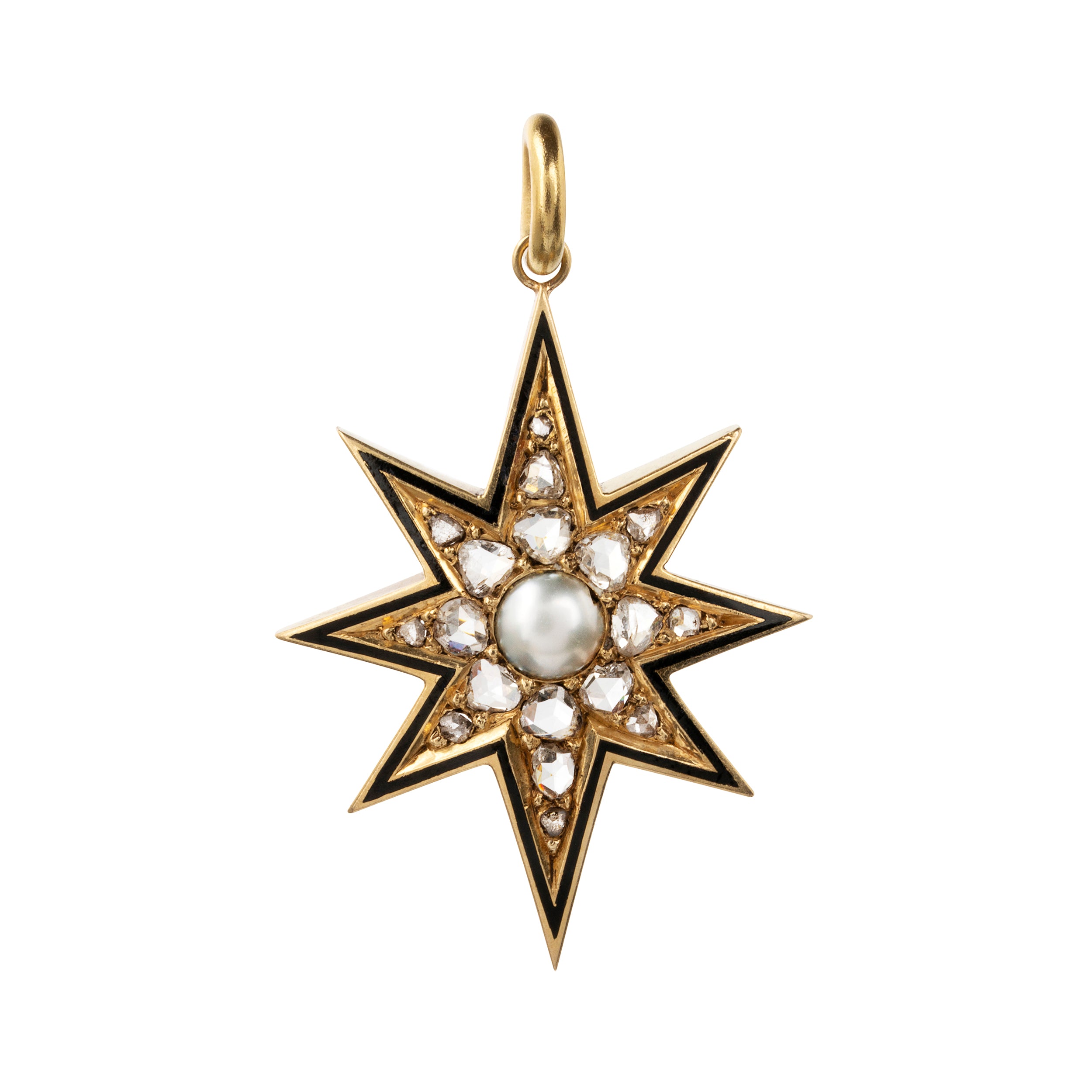 Late Victorian era diamond and pearl star pendant, in 15k gold. Black enamel details with rose cut diamonds and a half pearl. England. Circa 1890.