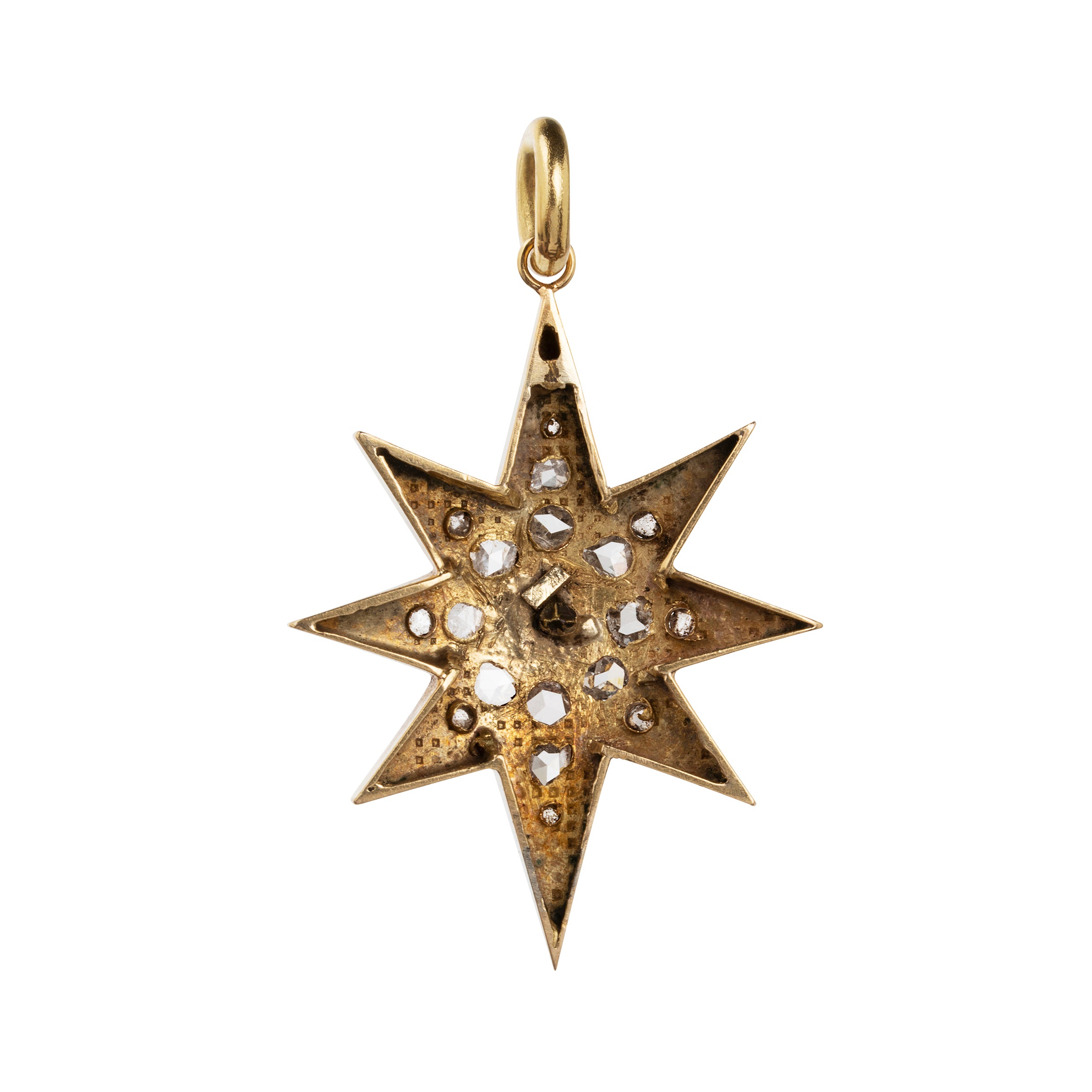 Late Victorian era diamond and pearl star pendant, in 15k gold. Black enamel details with rose cut diamonds and a half pearl. England. Circa 1890.