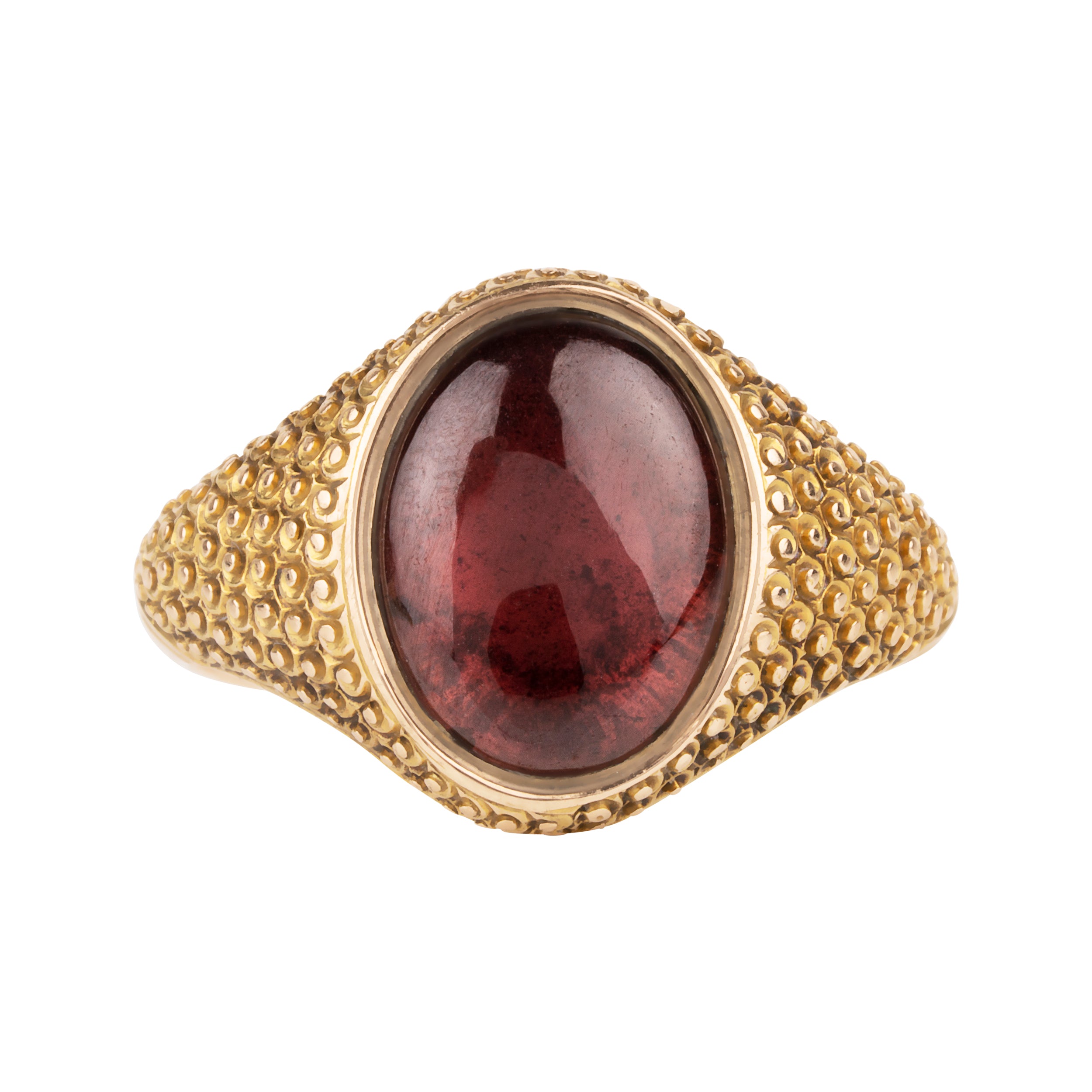 Victorian era garnet cabochon signet ring in 18k gold. Hand engraved "The Jubilee, LC&E, Tabram, Married March 30, 1815." English in origin. Likely made in 1865 celebrating a 50th wedding anniversary. Front View.