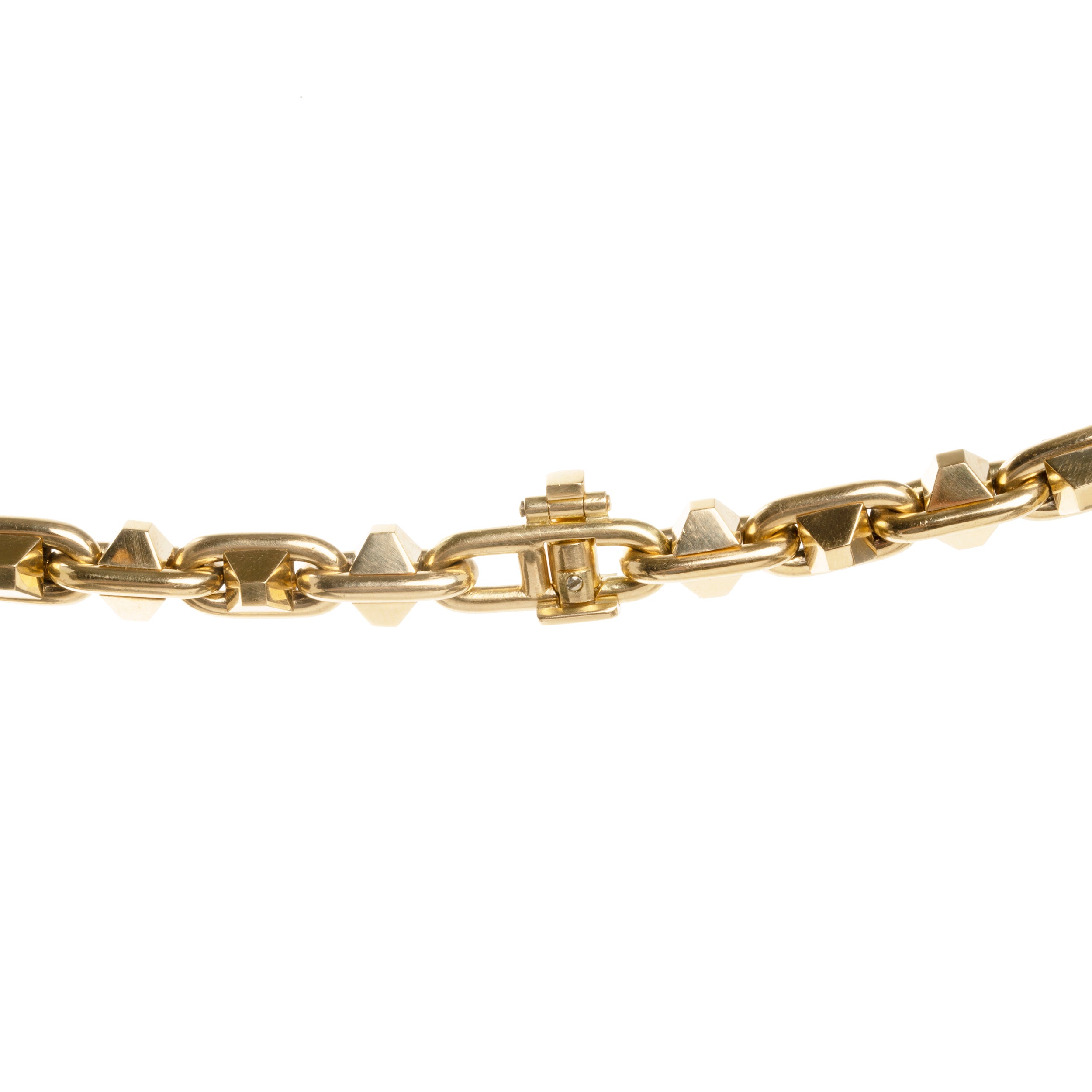 Bell & Bird Yellow Gold Hobnail Necklace. Handmade in 18k yellow gold. 17" in length. A view of the clasp.