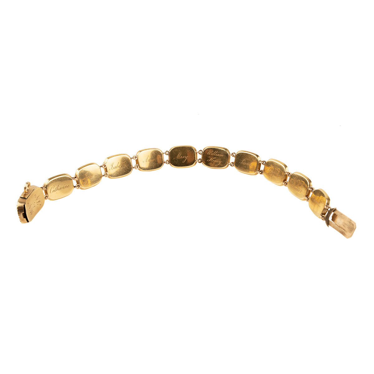 Georgian-era commemorative locket bracelet in gold. The bracelet has eleven glazed compartments with well preserved braided hair and beautiful hand-engraved names. The engravings list " WN & JN, Catherine, Jane, Isabella, Anne, Mary, William Henry, Sarah, Frances, George Stewart, Caroline". Likely including all of the children of the original owner. English in origin. Circa 1820.