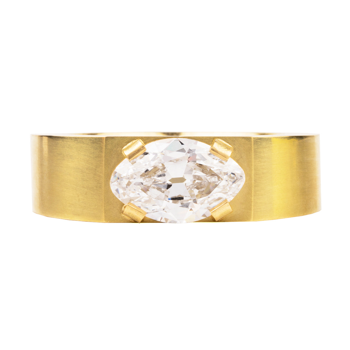 Oversize solitaire setting inspired by the ancient Roman high carat gold stir-up shaped rings we have handled. The tab prongs setting allows for a minimal yet bold setting. This ring features a moval cut diamond of 2.05 carats, F color and VS1 clarity. Made in our custom 18k yellow gold with a subtle soft finished polish.