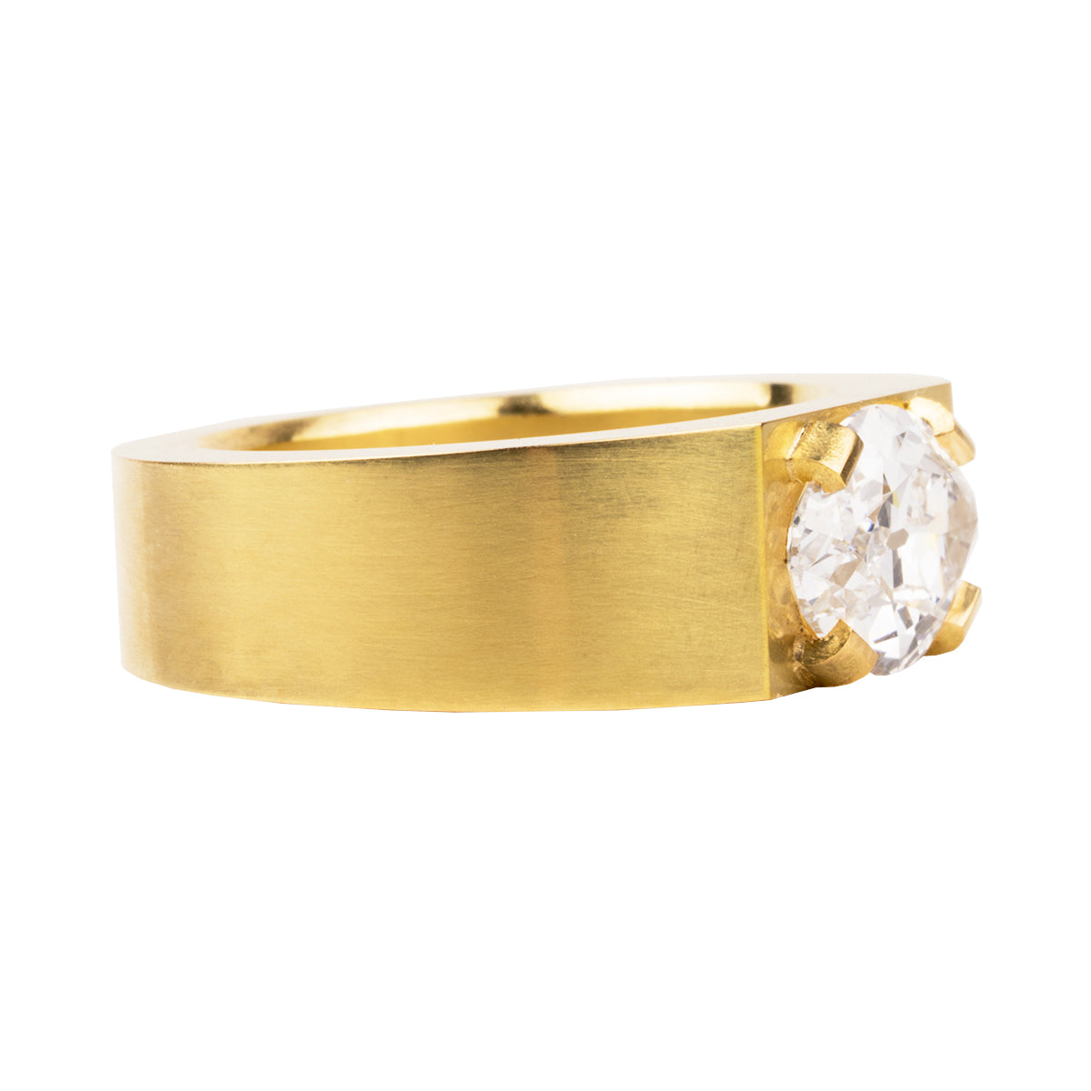 Oversize solitaire setting inspired by the ancient Roman high carat gold stir-up shaped rings we have handled. The tab prongs setting allows for a minimal yet bold setting. This ring features a moval cut diamond of 2.05 carats, F color and VS1 clarity. Made in our custom 18k yellow gold with a subtle soft finished polish.