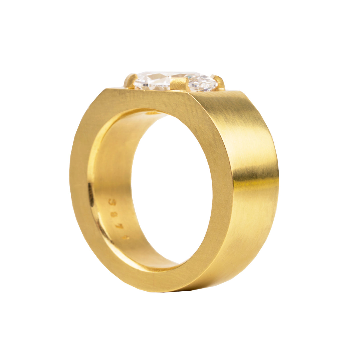 Oversize solitaire setting inspired by the ancient Roman high carat gold stir-up shaped rings we have handled. The tab prongs setting allows for a minimal yet bold setting. This ring features a moval cut diamond of 2.05 carats, F color and VS1 clarity. Made in our custom 18k yellow gold with a subtle soft finished polish.