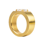 Oversize solitaire setting inspired by the ancient Roman high carat gold stir-up shaped rings we have handled. The tab prongs setting allows for a minimal yet bold setting. This ring features a moval cut diamond of 2.05 carats, F color and VS1 clarity. Made in our custom 18k yellow gold with a subtle soft finished polish.