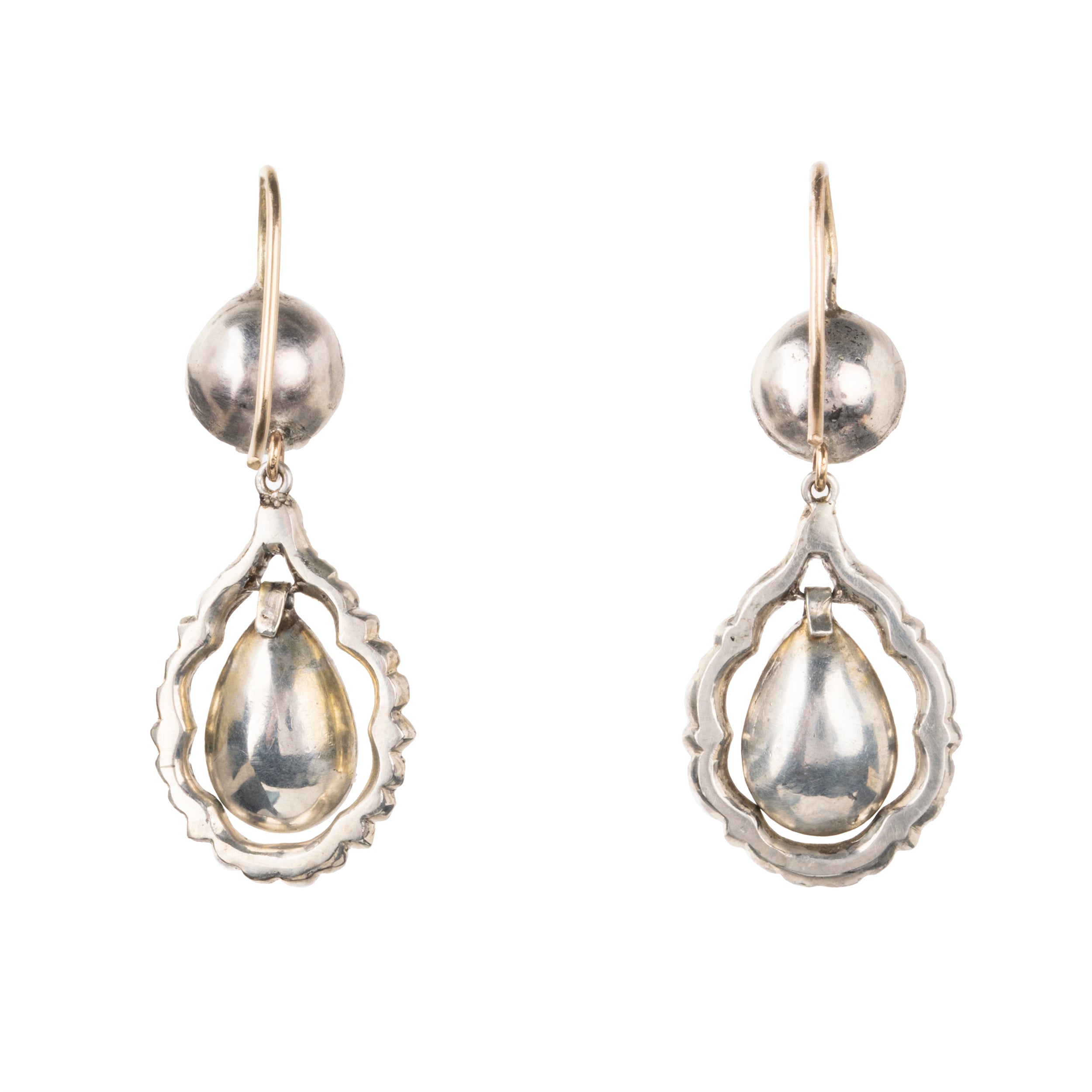 Georgian era paste teardrop earrings, set in silver and gold. English in origin. Circa 1830. Back view.