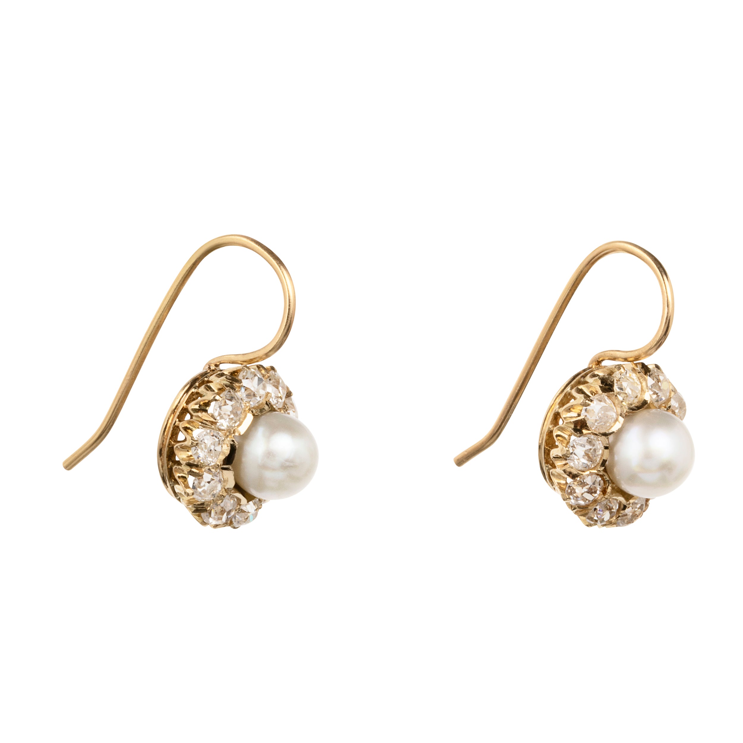 19th Century diamond and pearl cluster earrings. Once elements of a larger piece, later converted into earrings.Presumably Russian, found in Finland. Circa 1890.