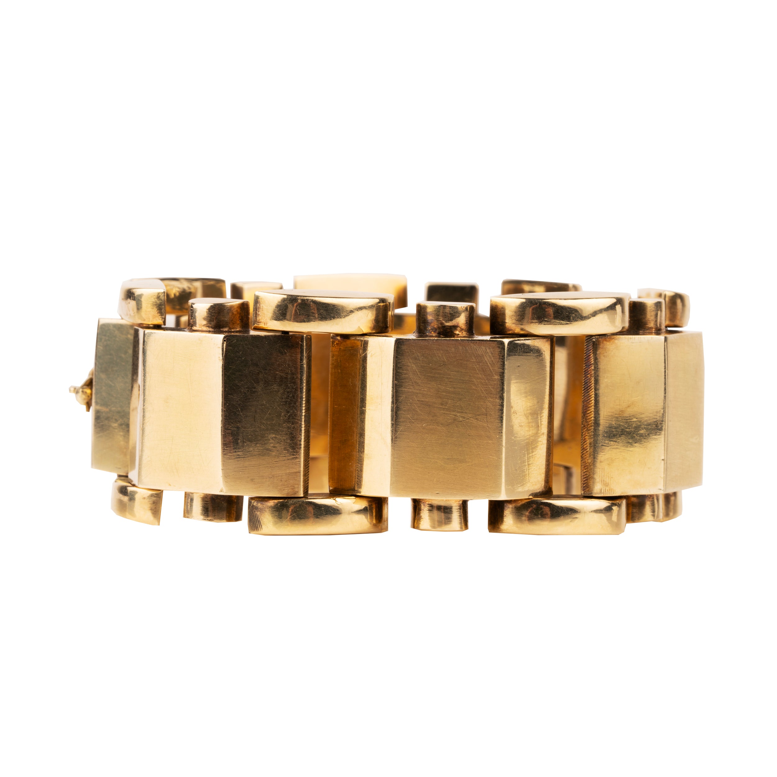 Large-scale bracelets like these were popular in the late 1940s. This model has a strong design in 14k gold. America, circa 1945.