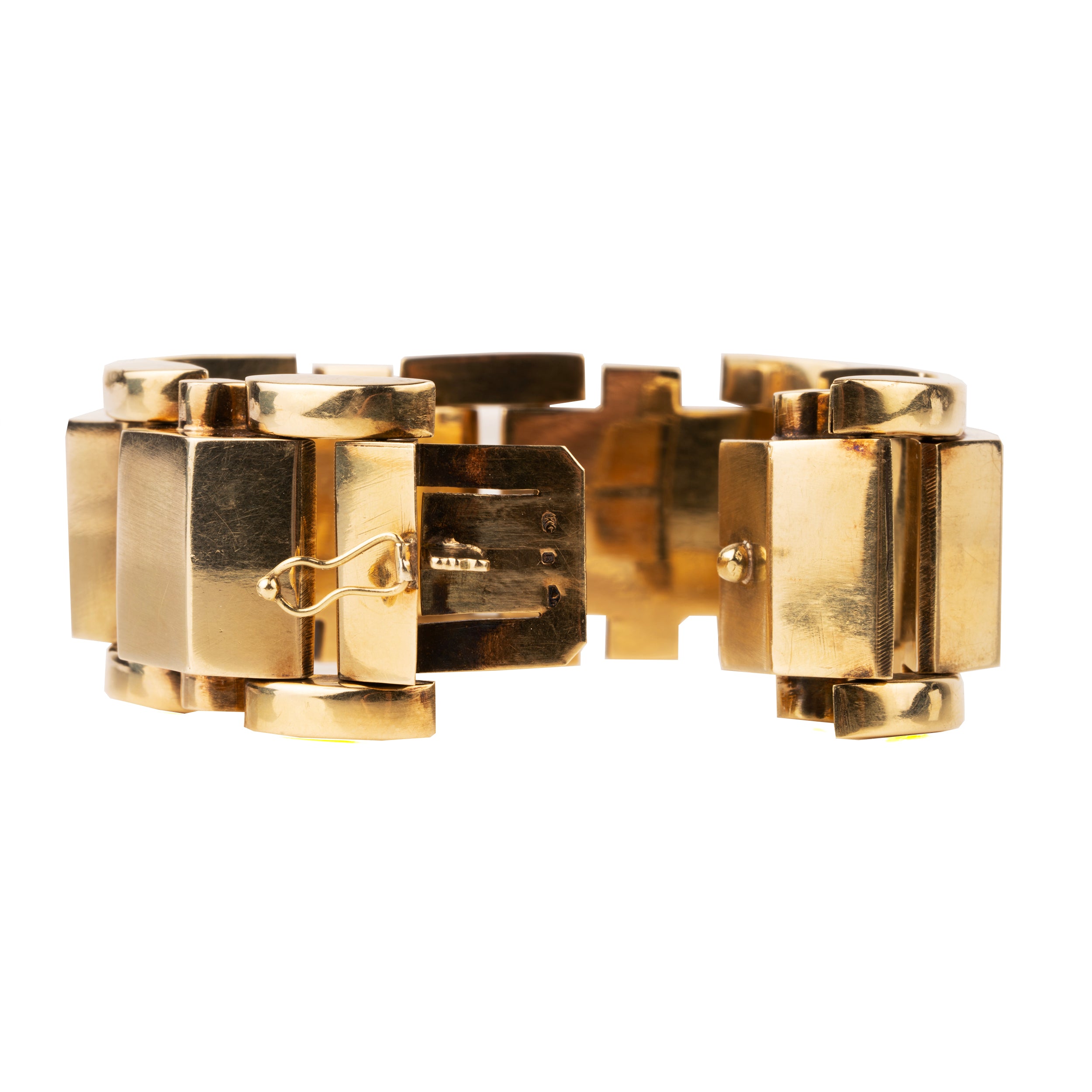 Large-scale bracelets like these were popular in the late 1940s. This model has a strong design in 14k gold. America, circa 1945.