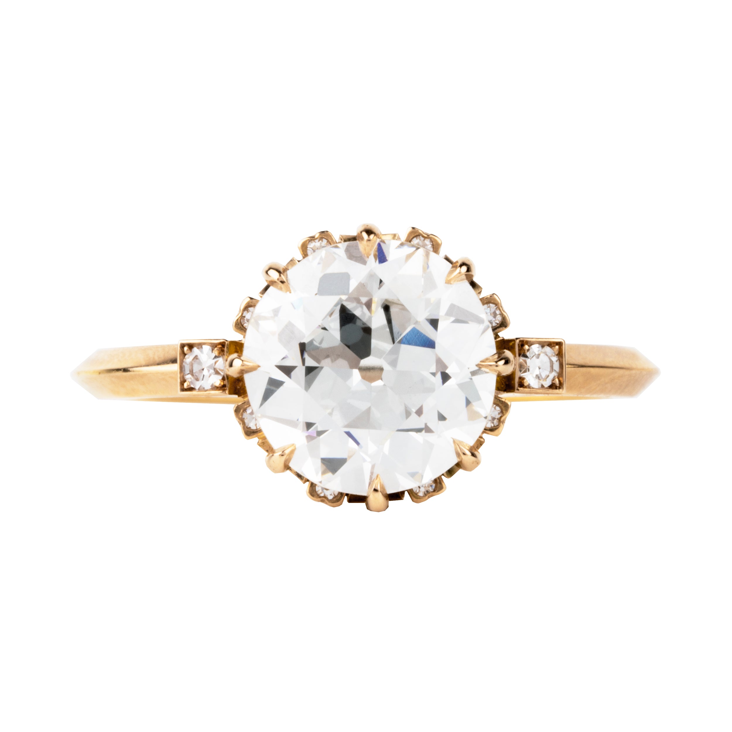 One of our signature Bell and Bird designs.This solitaire ring features a main round old European cut diamond surrounded by 8 single-cut diamonds subtly peeking out from underneath the main stone. There are two additional single-cut diamonds at the base of the whisper-thin, hand-filed knife edge band.  Set in our 18k old gold. This ring features a GIA certified 2.27 carat I color and VS2 clarity old European cut diamond. Handcrafted in our 18k old gold.