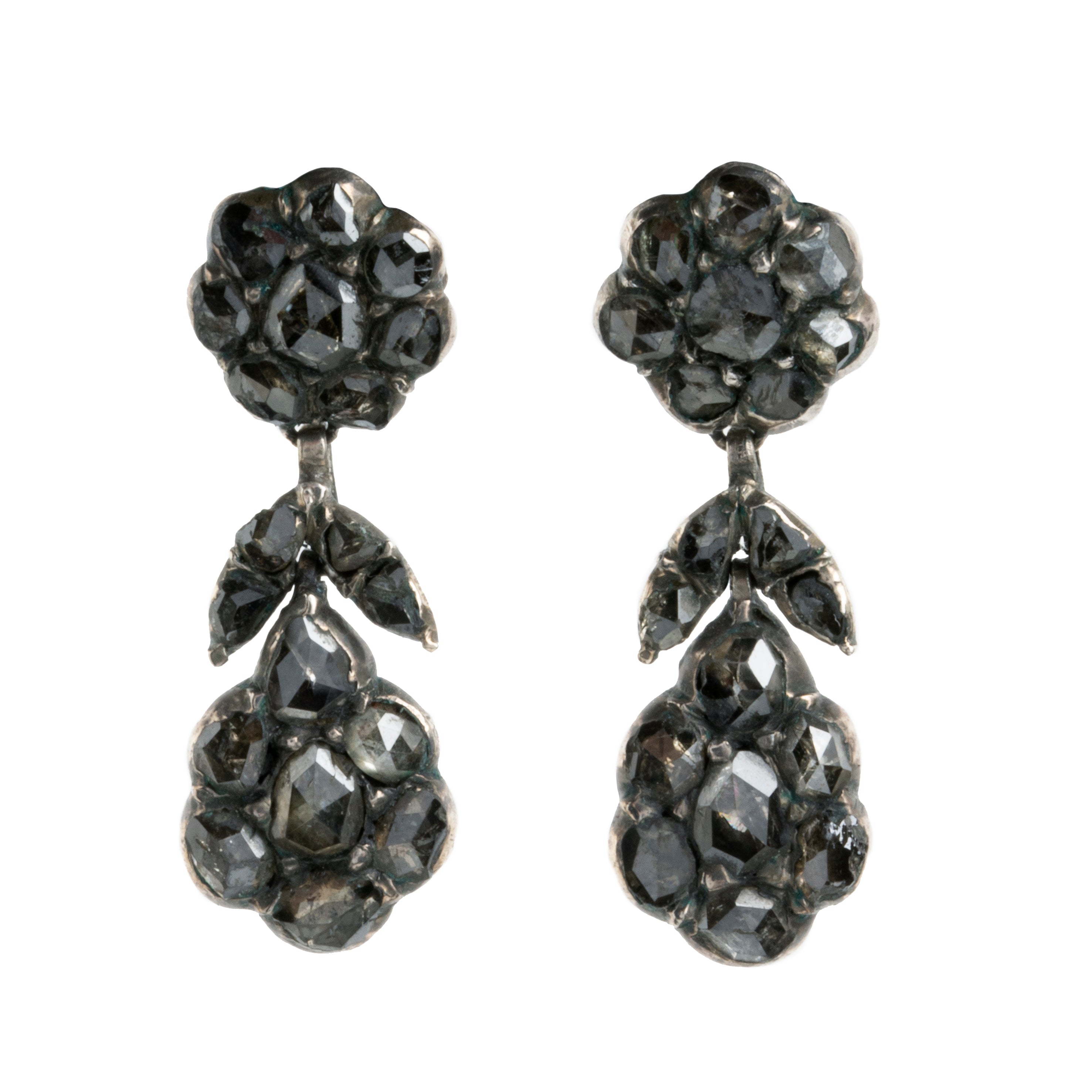 Georgian era rose cut diamond earrings. The diamonds are in a silver closed back setting. Circa 1800, England. Circa 1800. Front view.