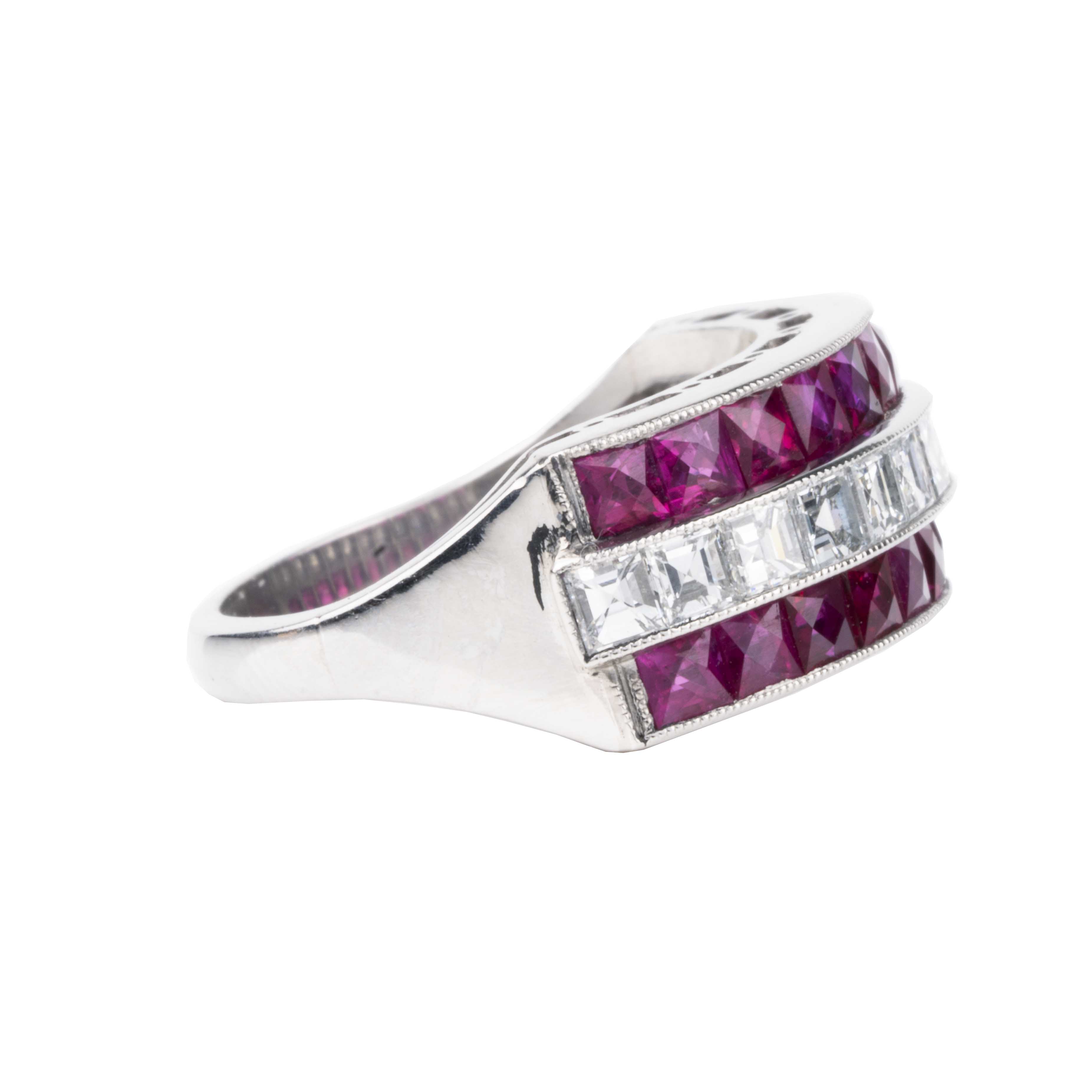 Art Deco style vintage ruby and diamond ring, in platinum setting. Approximately 3.26 carats of bright red French cut rubies and 1.26 carats of French cut diamonds.& Side view.