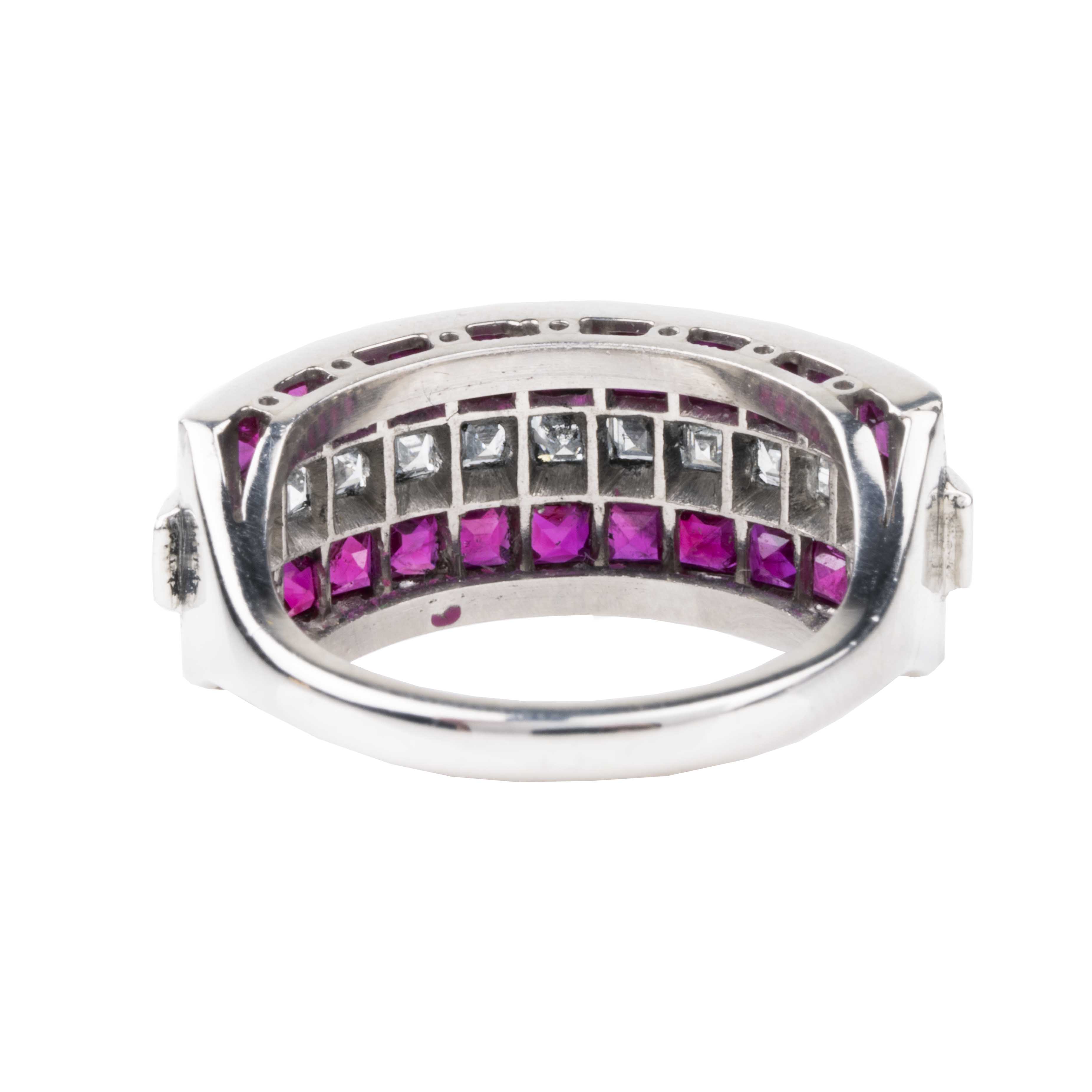 Art Deco style vintage ruby and diamond ring, in platinum setting. Approximately 3.26 carats of bright red French cut rubies and 1.26 carats of French cut diamonds. backside view.