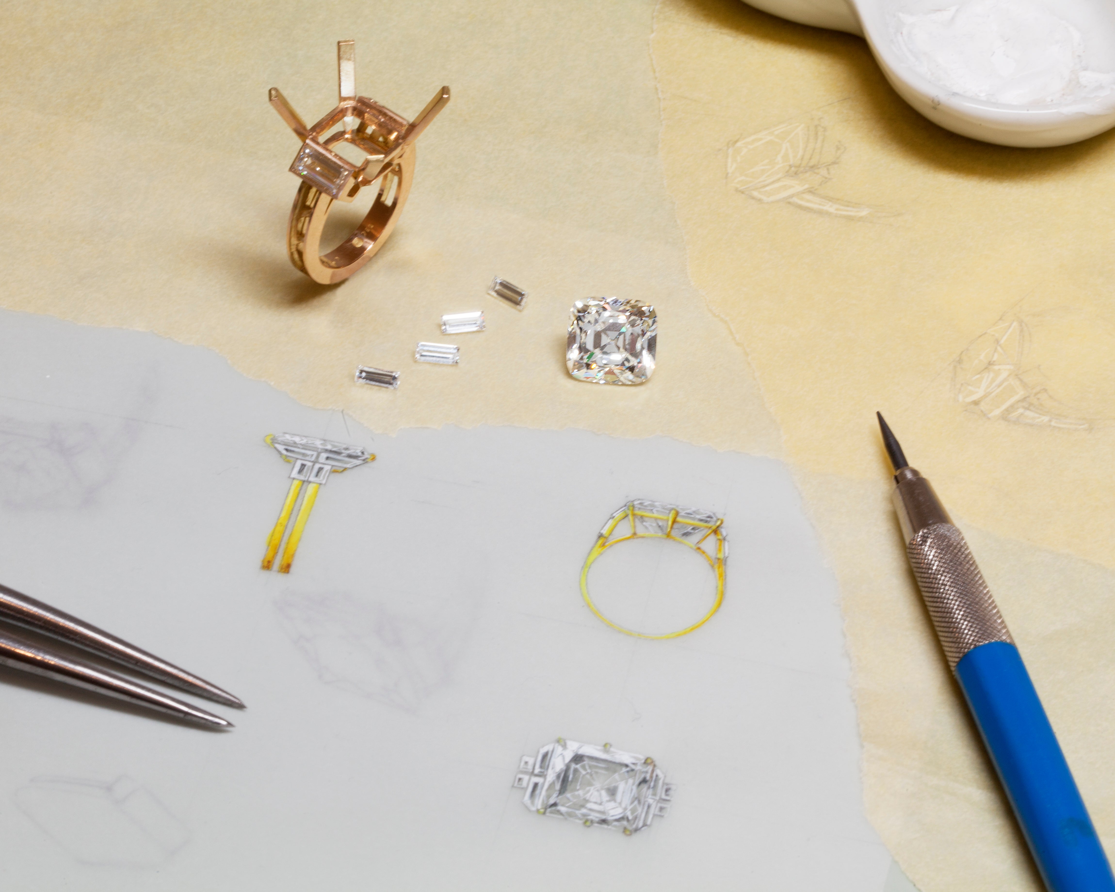Sketch of a diamond ring with the ring setting in production