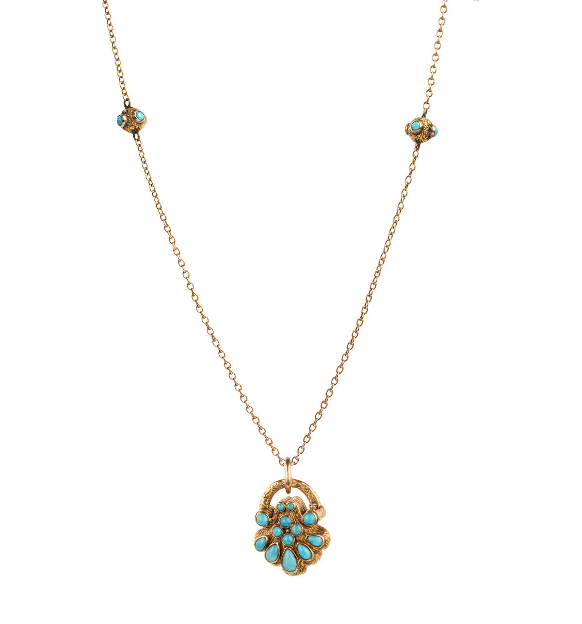 Early Victorian era turquoise padlock locket in 15k gold. It is in the form of a shell with Persian turquoise and a glazed compartment. English in origin. Circa 1840. Hanging on an antique 15k gold turquoise beaded ball chain.
