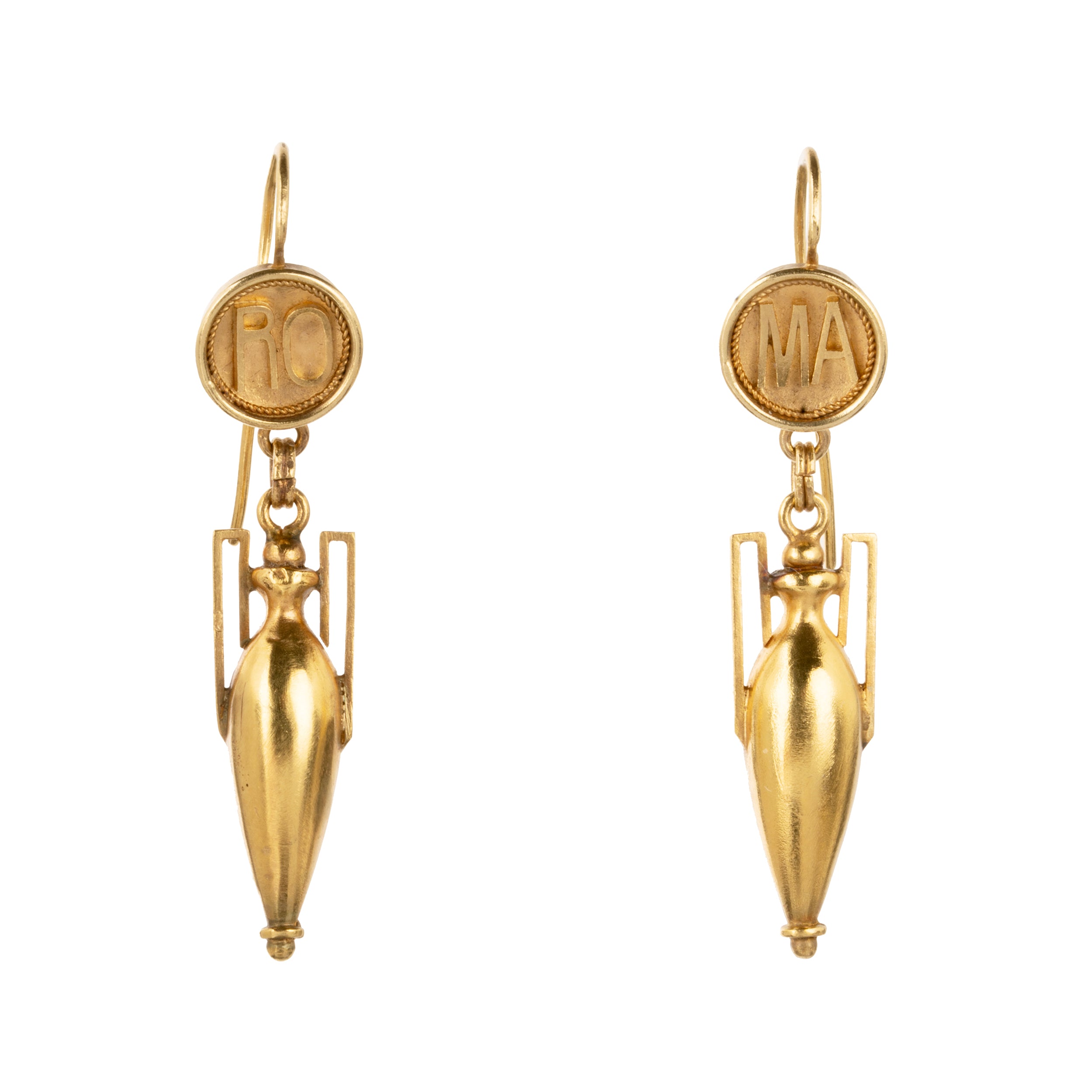 19th century Grand Tour earrings. Classical Roman motifs with RO-MA depicted on the earring tops. Bright 15k gold.Found in London. Italian in origin. Circa 1870. Front view.