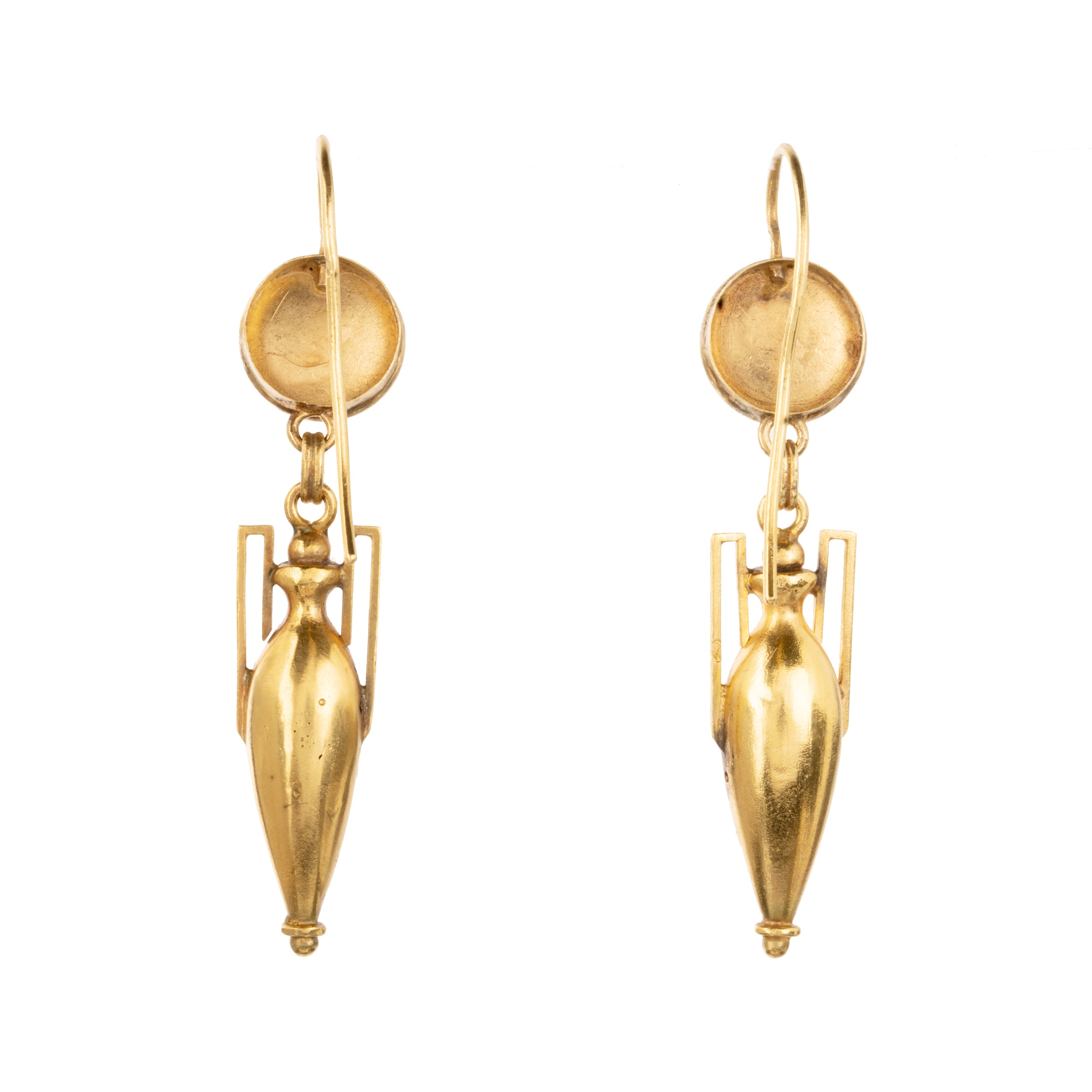 19th century Grand Tour earrings. Classical Roman motifs with RO-MA depicted on the earring tops. Bright 15k gold.Found in London. Italian in origin. Circa 1870. Back earrings.