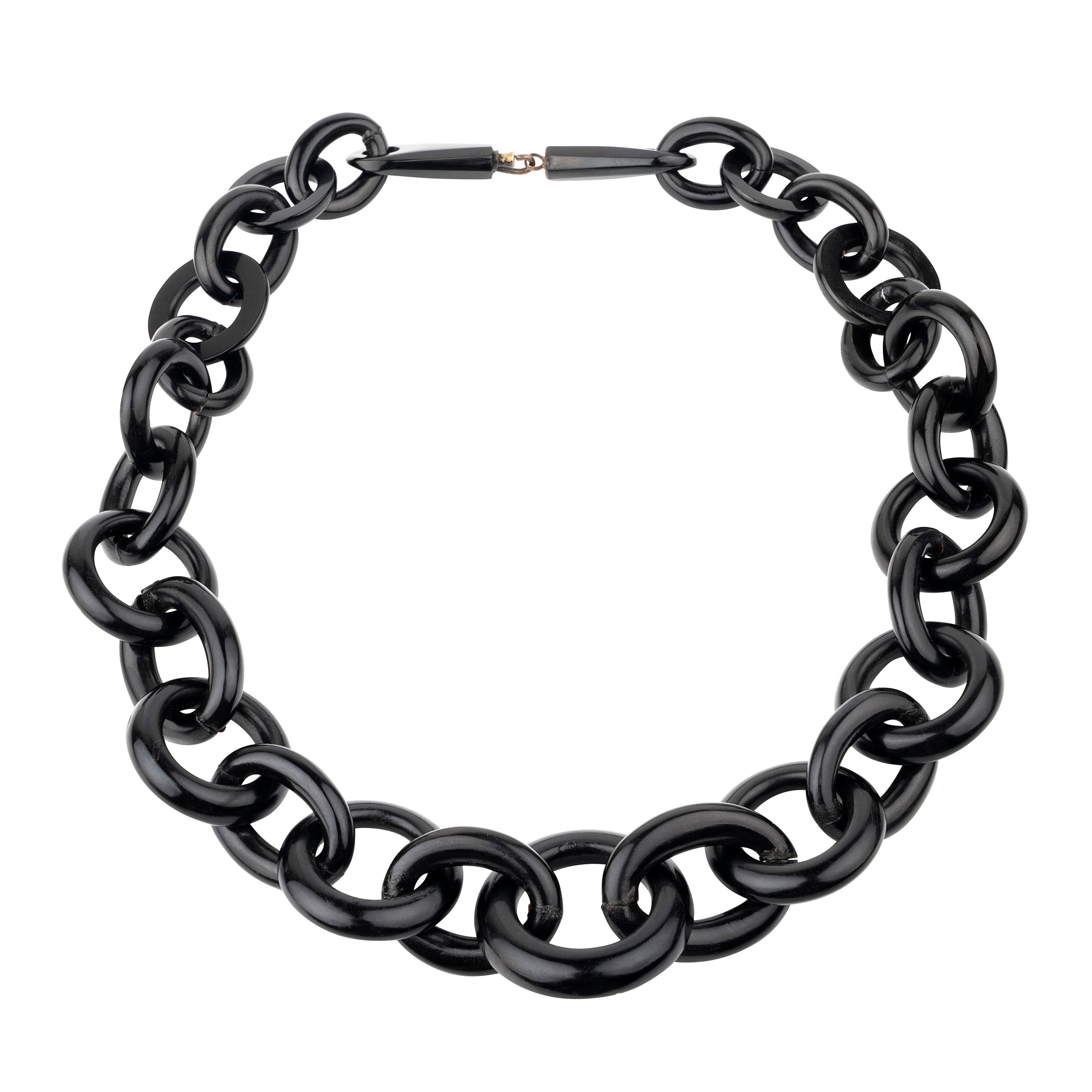 Victorian era Whitby jet oversized linked necklace. Very light in weight and easily worn. England. Circa 1860.