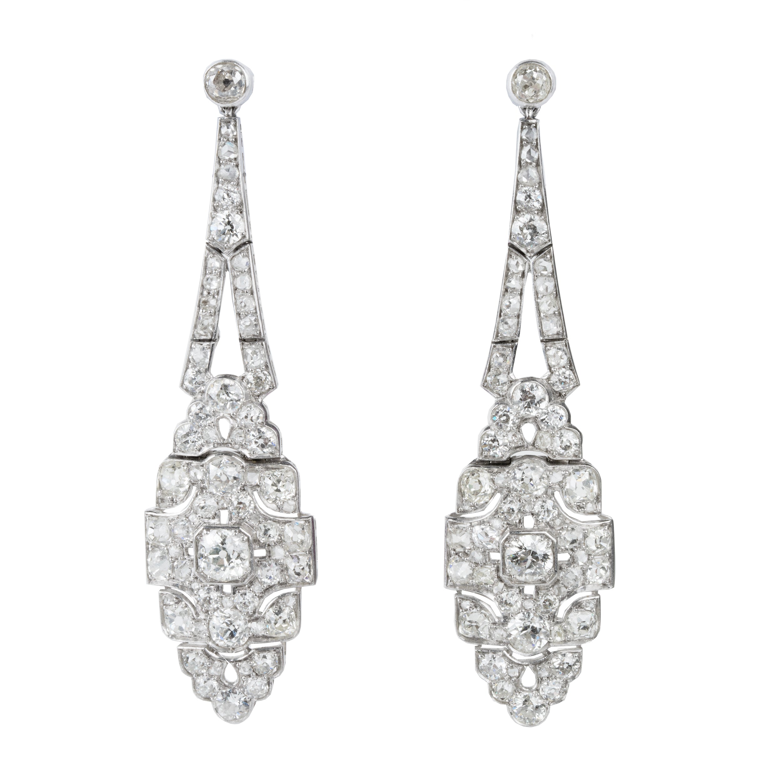 Art Deco Diamond Drop Earrings. A mixture of old mine cut and old European cut diamonds are set in intricate platinum settings. The stones are estimated to weigh approximately 9 carats in total weight. The high-quality stones are estimated to range from F to G in color and VS to SI in quality. America, circa 1920.Front View.