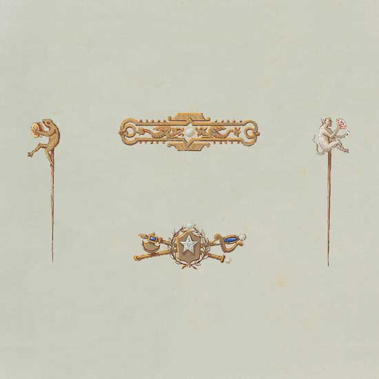 antique drawing of pins and brooches