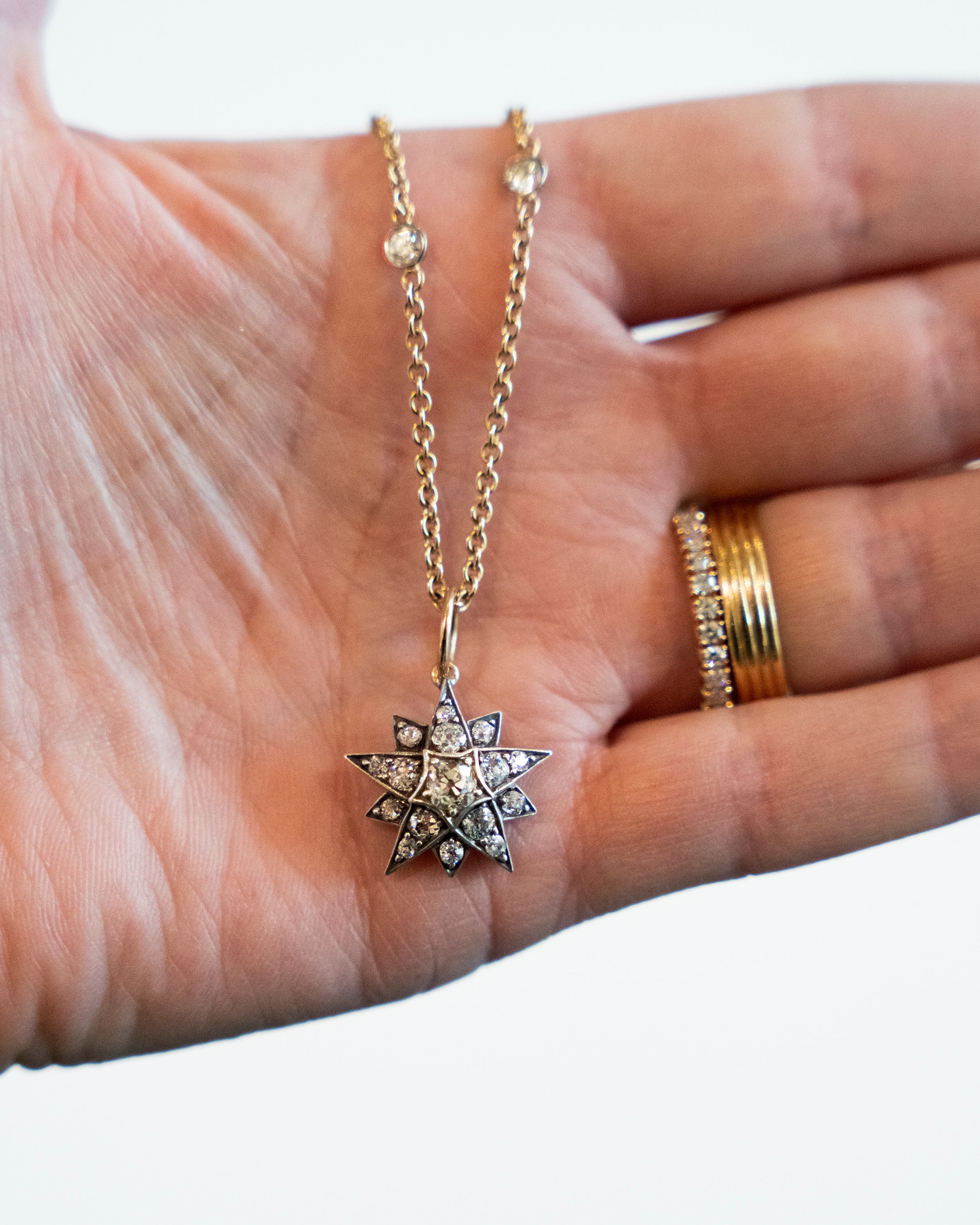 A lovely example of a 19th-century star pendant in silver-topped gold. It is a smaller scale than typically seen and very wearable. Sixteen bright old mine cut diamonds, with an estimated total diamond weight of two carats, English in origin. Circa 1880. On a hand.