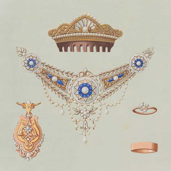 antique drawing of ornamental jewelry objects.