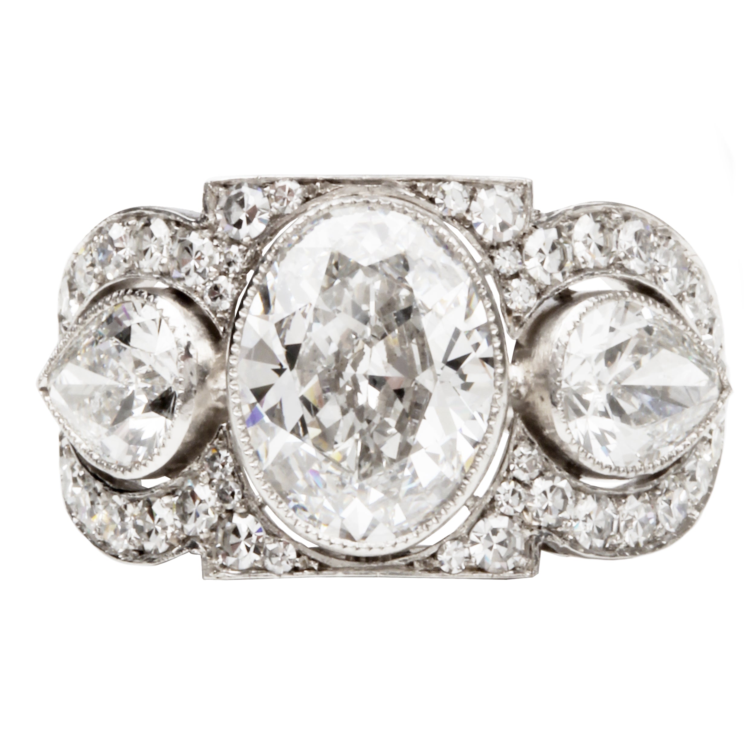 Art Deco Inspired Three Stone Diamond Ring with Oval and Pear