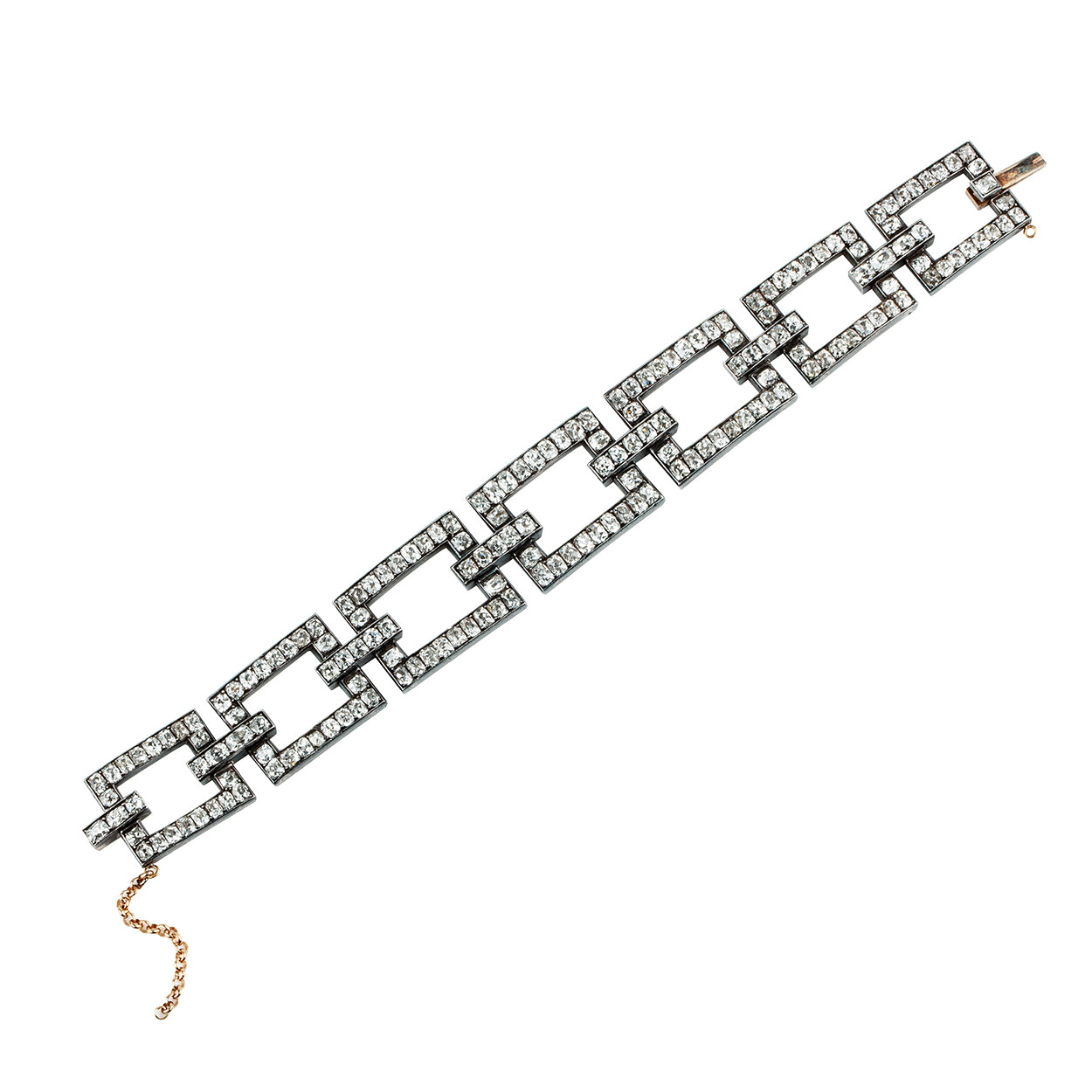 Important 19th century old mine cut diamond bracelet. Over 150 elongated old mine cut diamonds are set in a silver topped gold setting. The contemporary feel of this bracelet along with its fine materials and craftsmanship dating to the 1850’s combine to make this bracelet so special. English in origin.