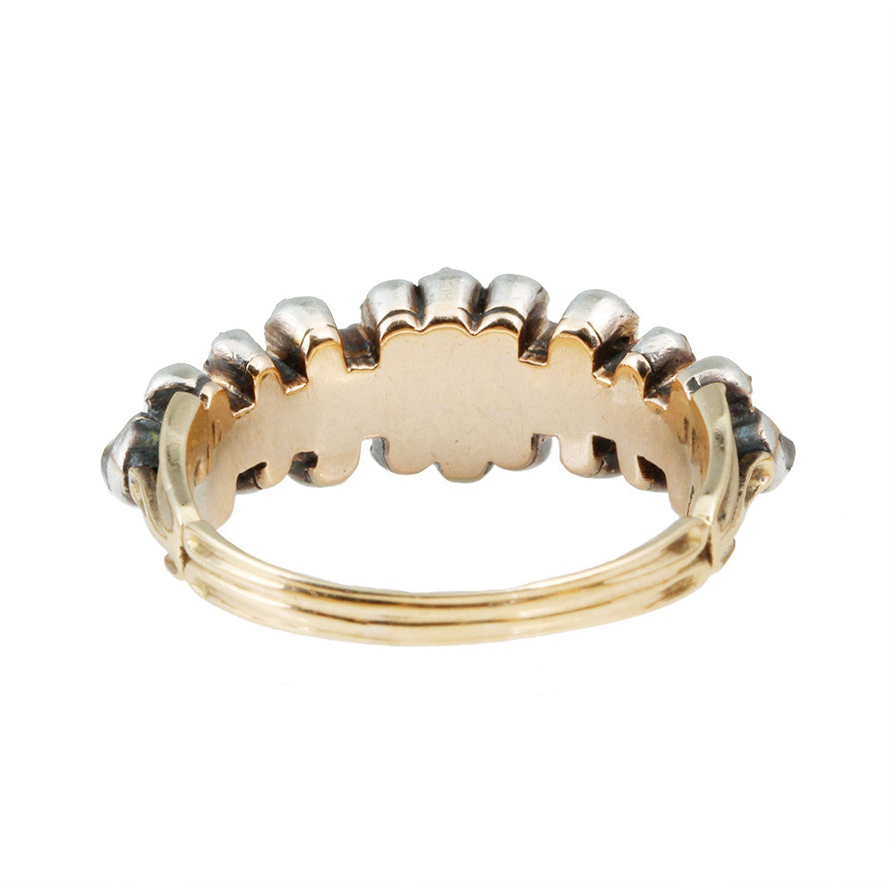Georgian Old Mine Cut Diamond Half Hoop Band in Silver on Gold, Circa 1830. 9 stones with smaller old mine cuts surrounding the larger stones. Circa 1830, English in Origin. Back side view.