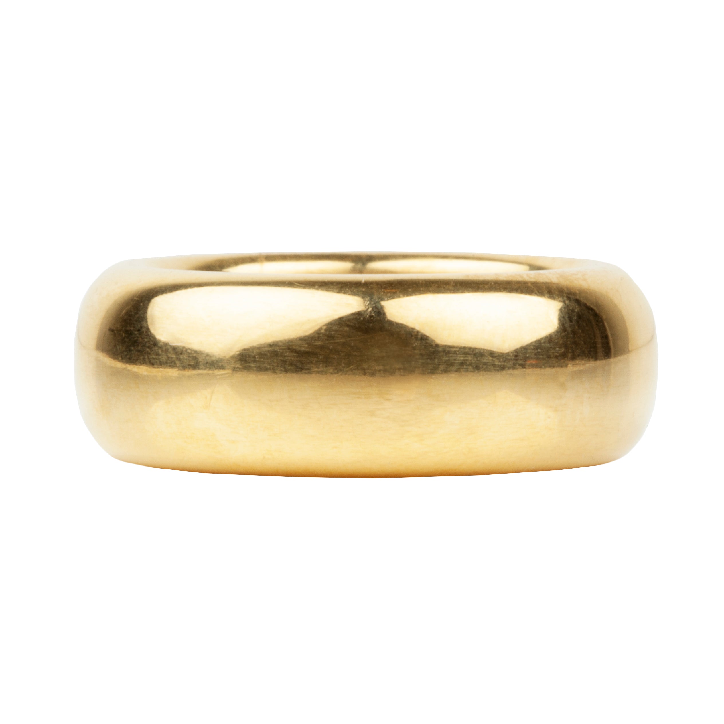 A polished, yellow gold band ring with a bold D shape, 8mm in width, displayed on a white background.