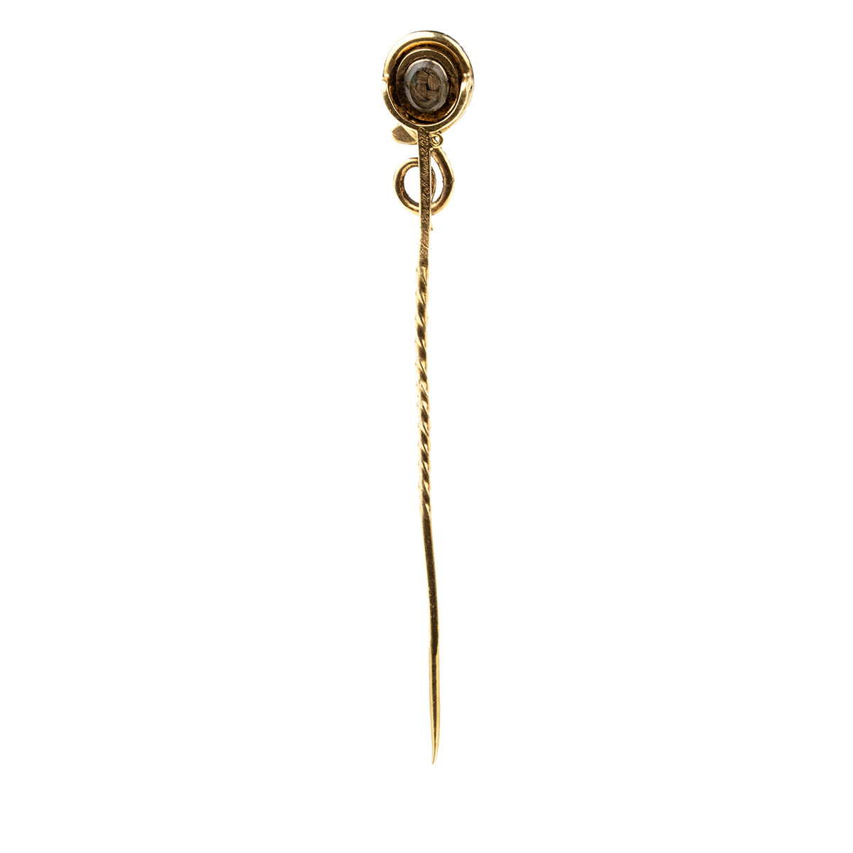 Early Victorian era mourning stick pin with enamel snake and carved hardstone urn, in gold. The mourning piece has engraved "H A& Levett ob March 12 1847". The original woven hair is the backside locket compartment.Can be worn as an accessory or displayed on the wall as a decorative piece. English in origin. Held in hand to show scale.
