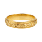 A rare excavated ring. Dating to the late 17th Century in 22k gold, 5mm wide. There would have originally been enamel within the deeply chased design. Excavated in England. Circa 1680.