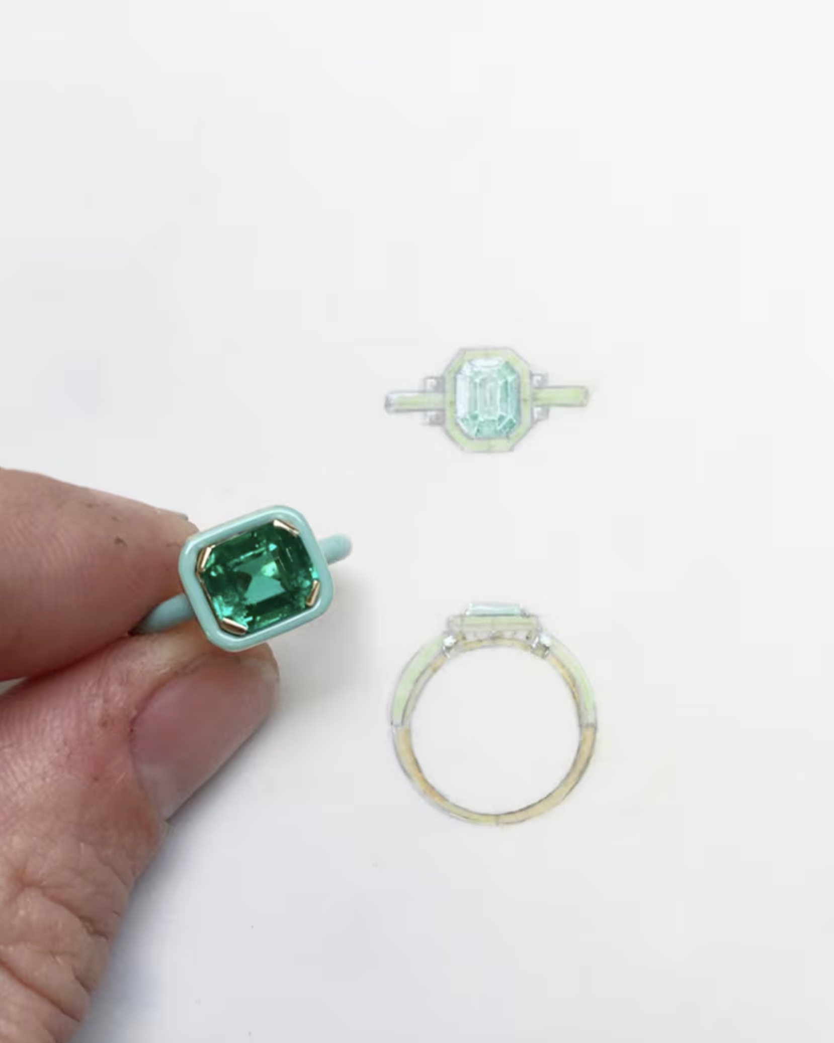 Bell and Bird emerald ring with teal enamel details 