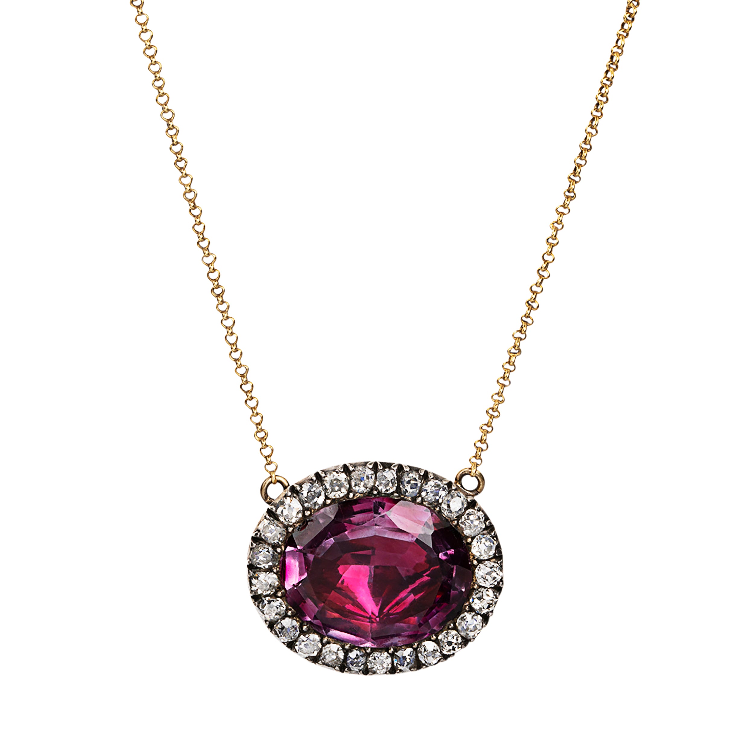 Georgian era amethyst and old mine cut diamond cluster pendant necklace. Originally a lace pin converted to a pendant. England. Circa 1820.