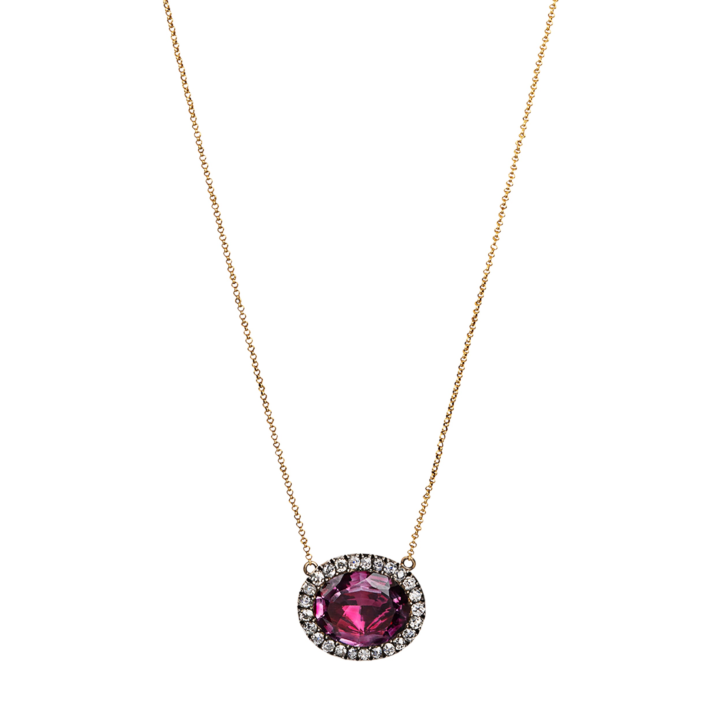 Georgian era amethyst and old mine cut diamond cluster pendant necklace. Originally a lace pin converted to a pendant. England. Circa 1820.