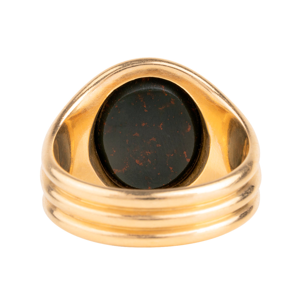 Victorian era signet ring with a bloodstone intaglio in 18k gold. Hand carved with a “D” monogram. England. 1891. Back side view. 