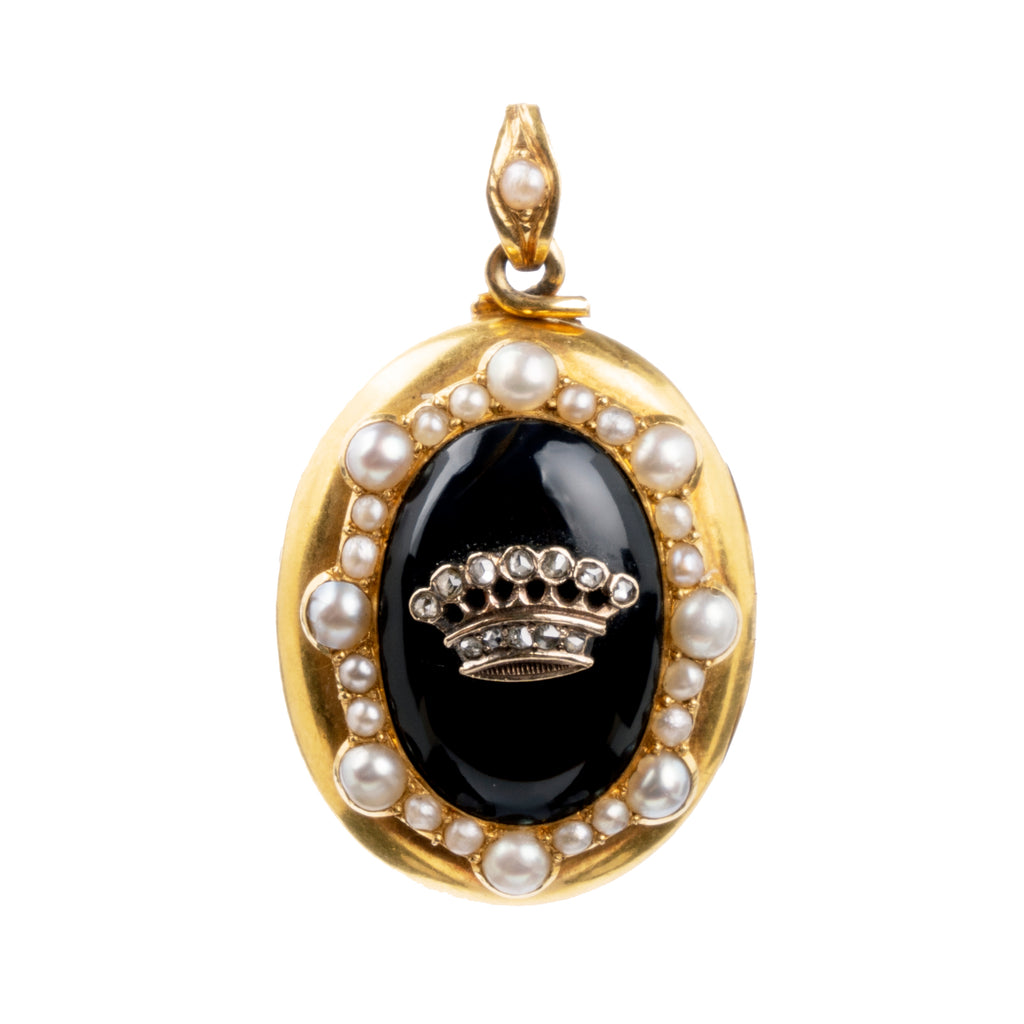 Victorian Era Gold Enamel, Diamond, and Pearl Crown Locket