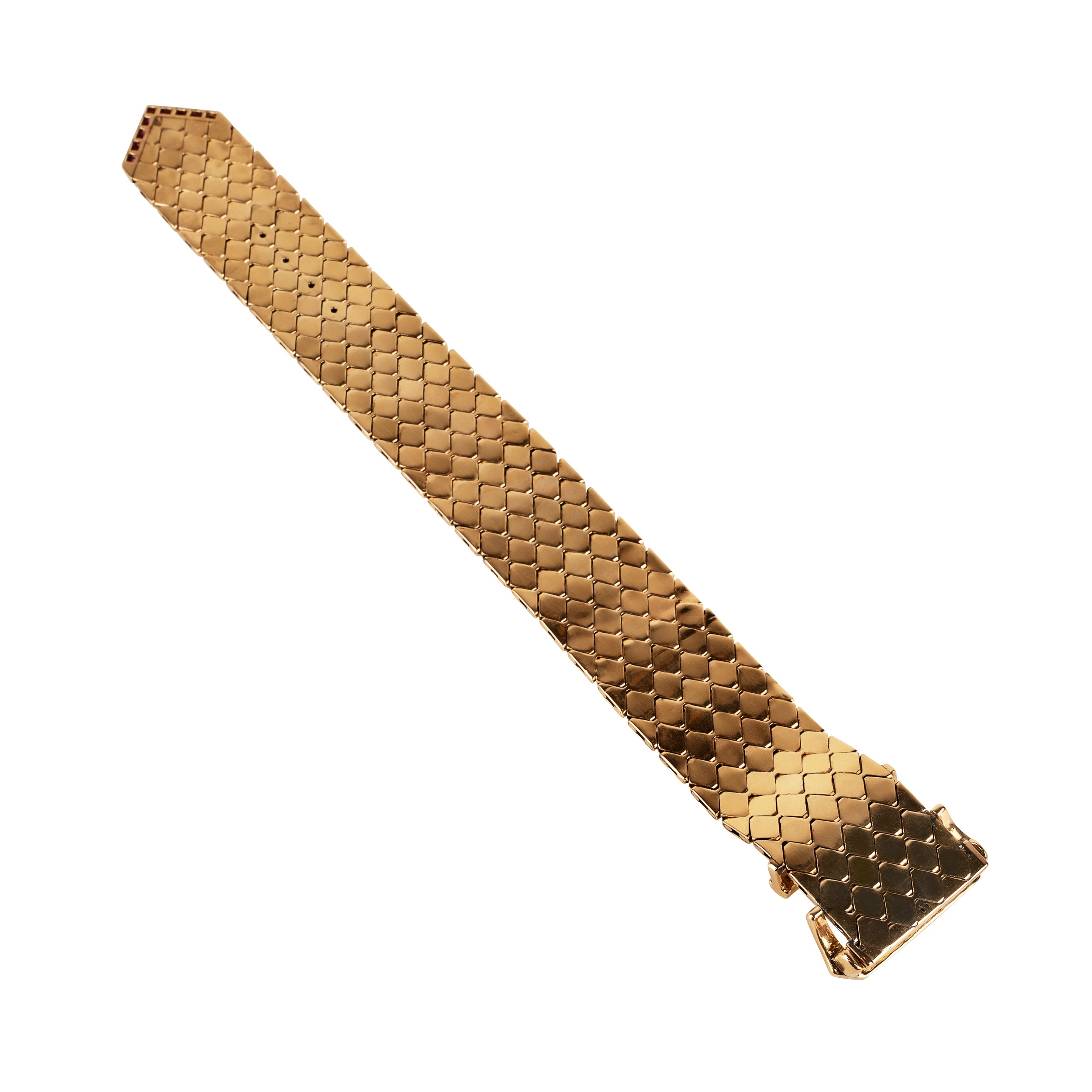 Mid-century gold buckle bracelet with rubies and diamonds in 18k gold. The functional buckle design has an adjustable fit. American in origin. Circa 1940. Back side top view. 
